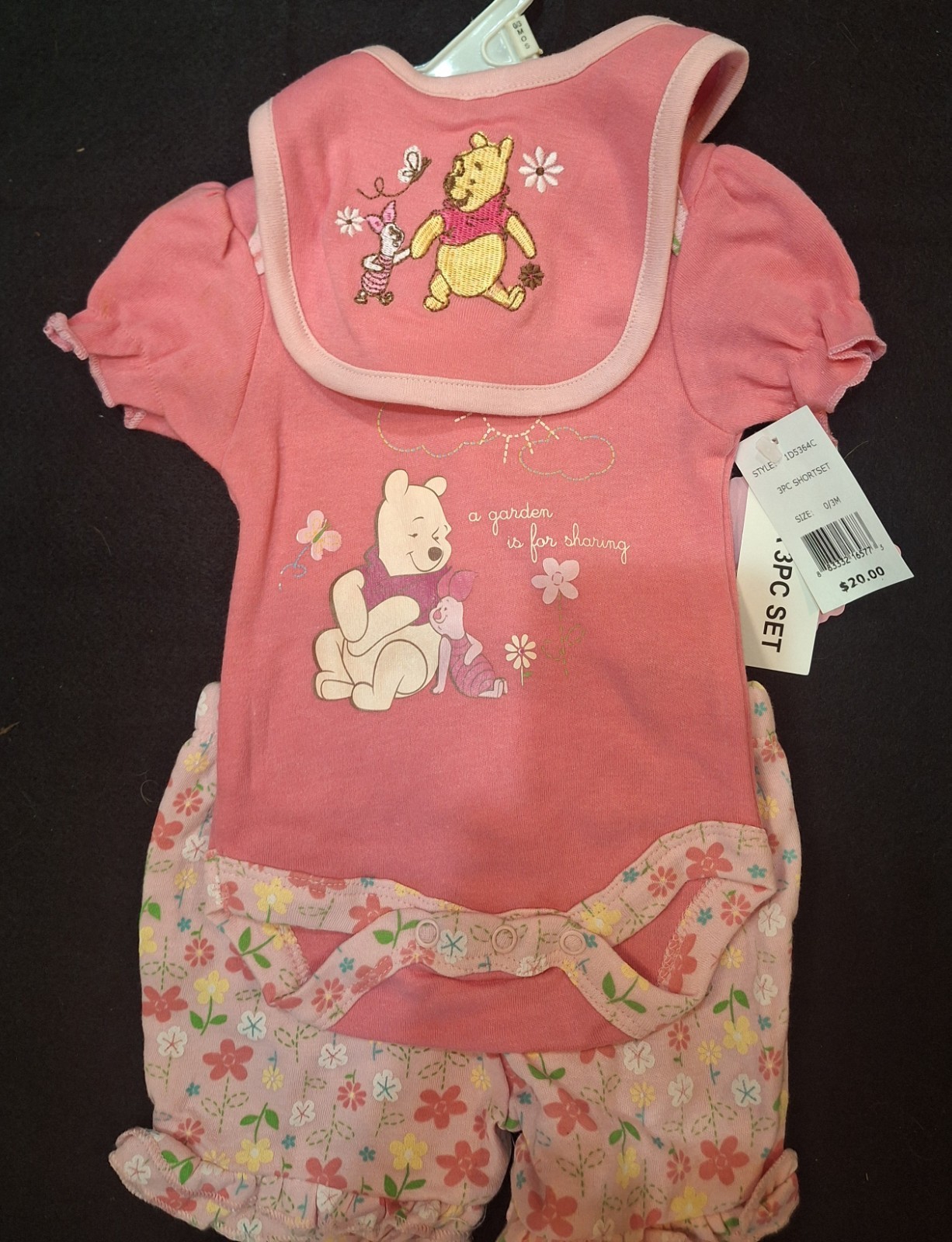 Disney Pooh 3 Pc Short Set with bib 0/3 mos