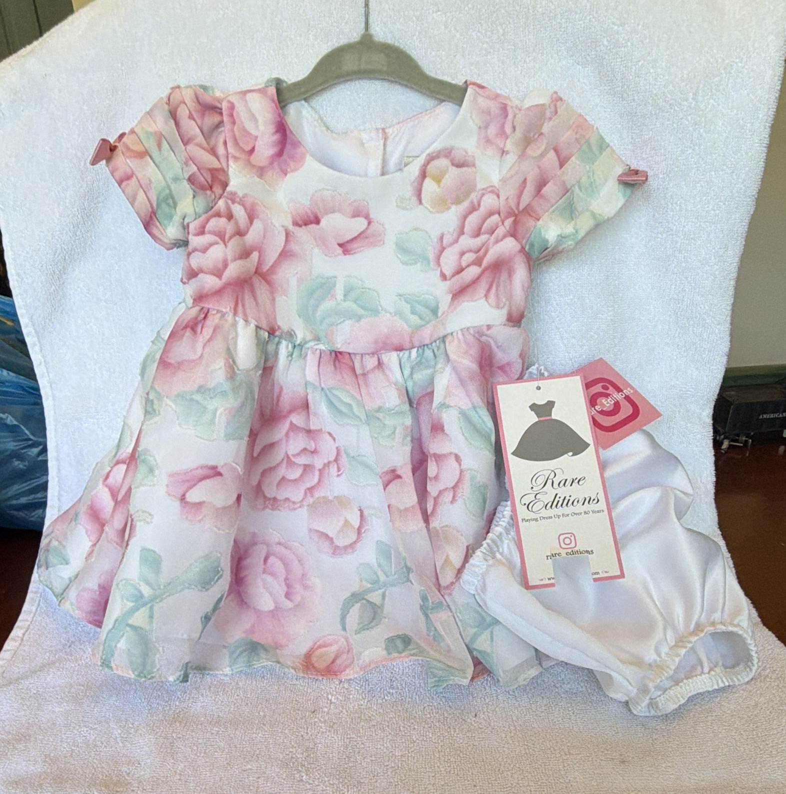 Rare Editions 2pc Pink Floral Satin Dress & Bloomers Set 6-9M Short Sleeve