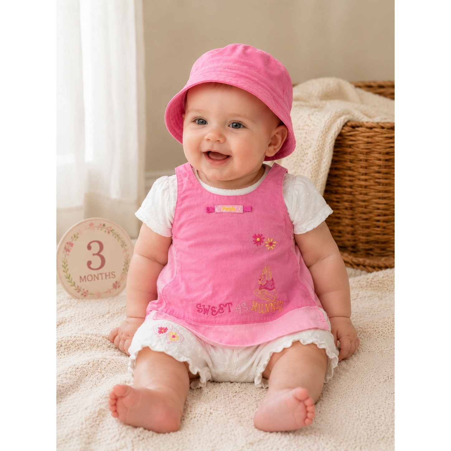 Vintage Disney Baby Winnie The Pooh 3pc Outfit Set Pink Hat Romper 0-3M
