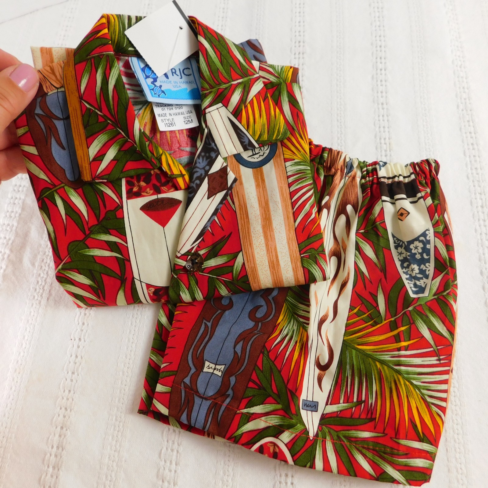 RJC Infant Boy Hawaiian Shirt Shorts Set 12M Cotton Surfboard Tropical Pattern