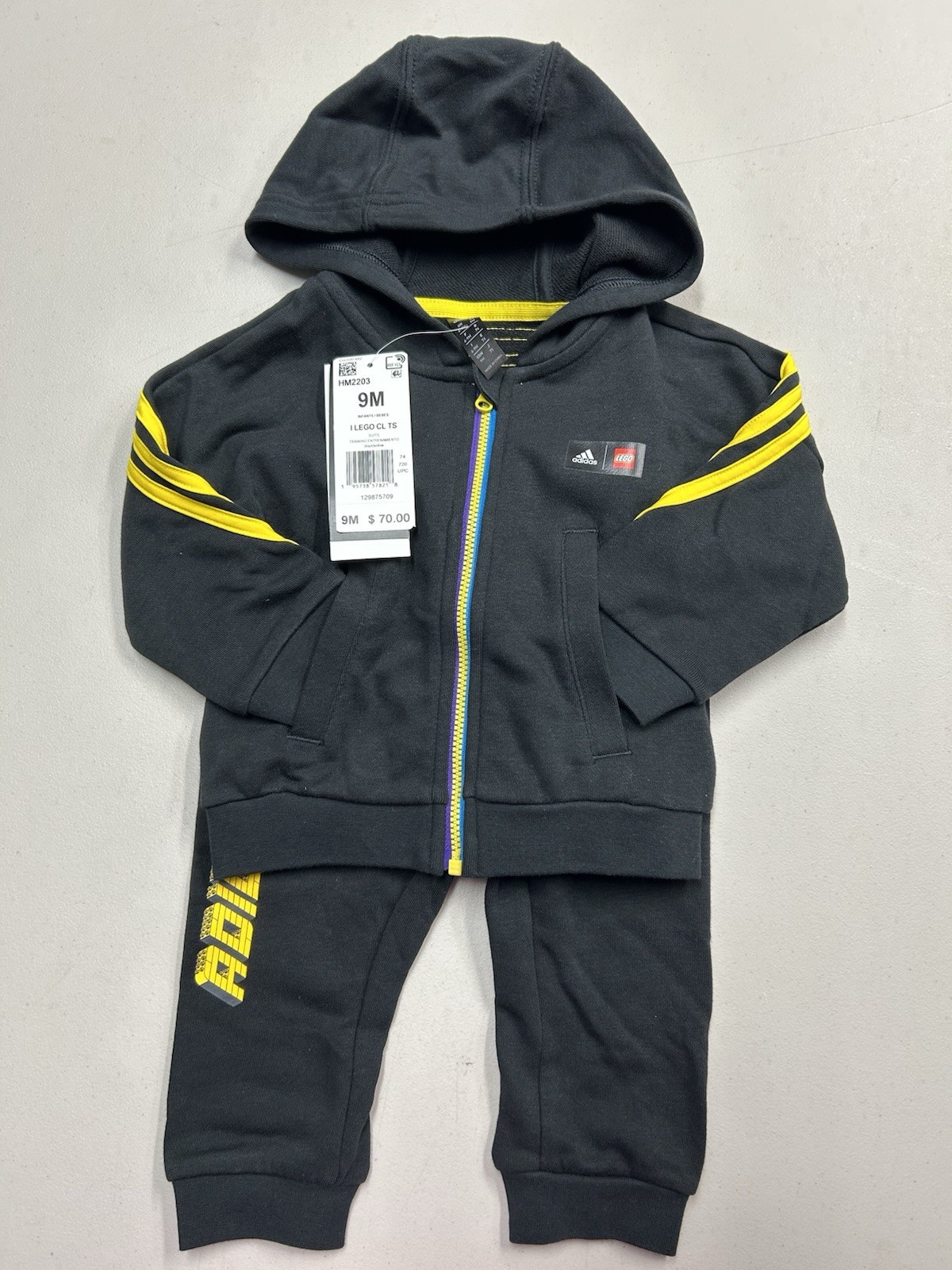 Adidas x LEGO 2-Piece Hooded Zip Hoodie & Pants Set Black/Yellow Size 9M. NWT