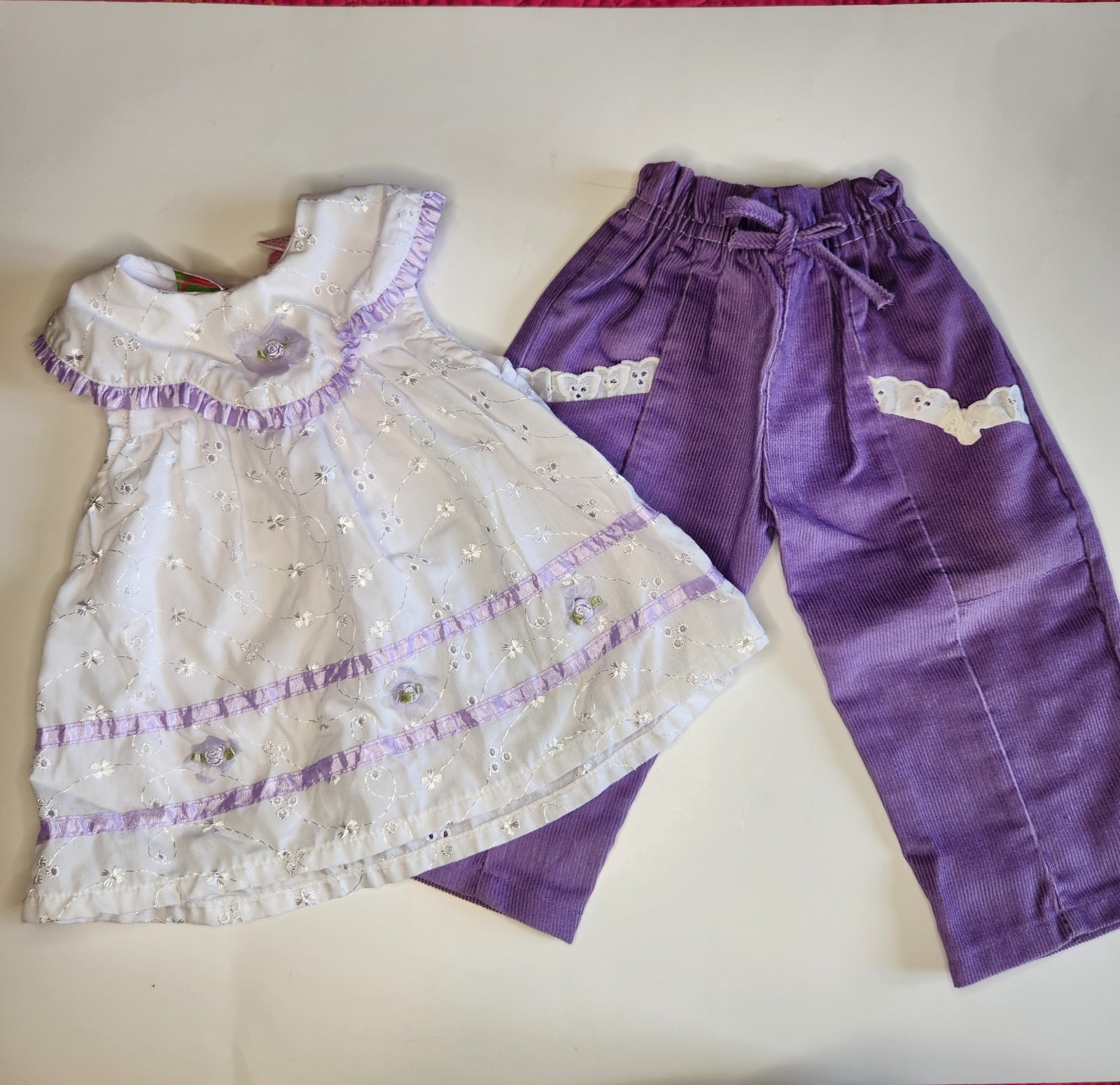 VTG Baby Girl Purple Corduroy Eyelet Lace Ribbons Bows Outfit Roses Size 6 Mo.