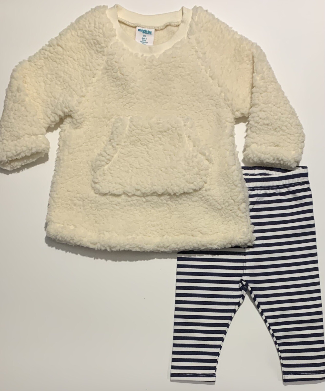 Baby Sherpa Sweater Sweat Shirt, Striped Leggings 2-Pc Outfit Set 9M 12M 18M 3T