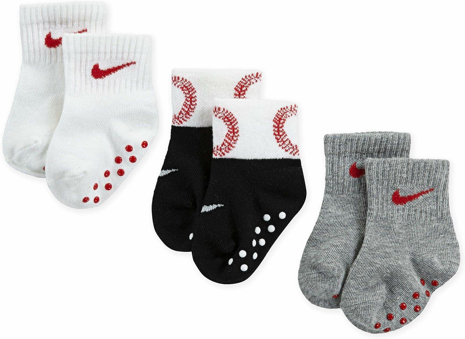 Nike Baby Grippy Socks Infant 6-12 Months Baseball Themed Black Gray and Red NEW