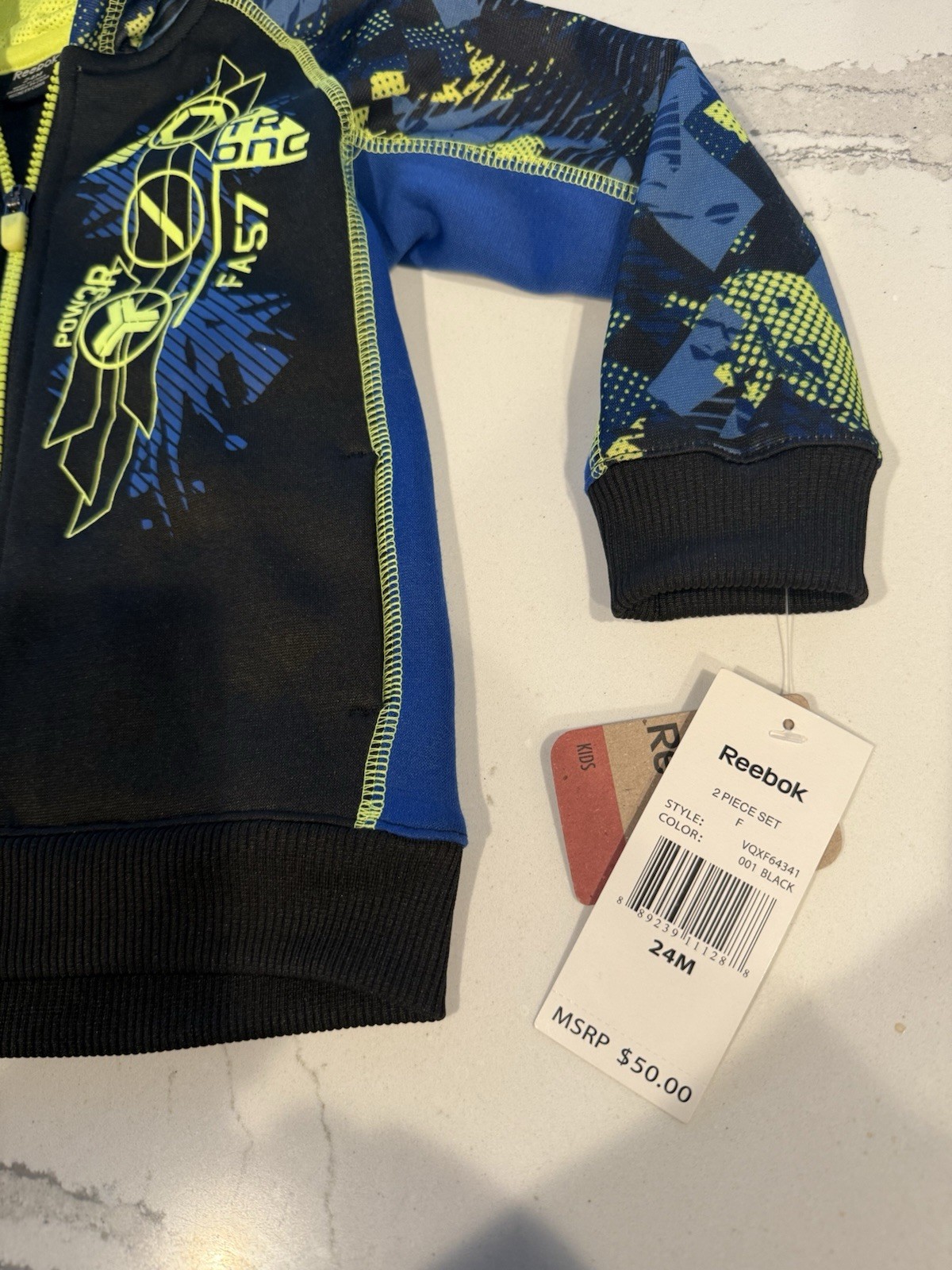 Reebok Hooded Jacket & Pants Set 24M Black Blue Yellow Abstract Logo Zip 2 Piece