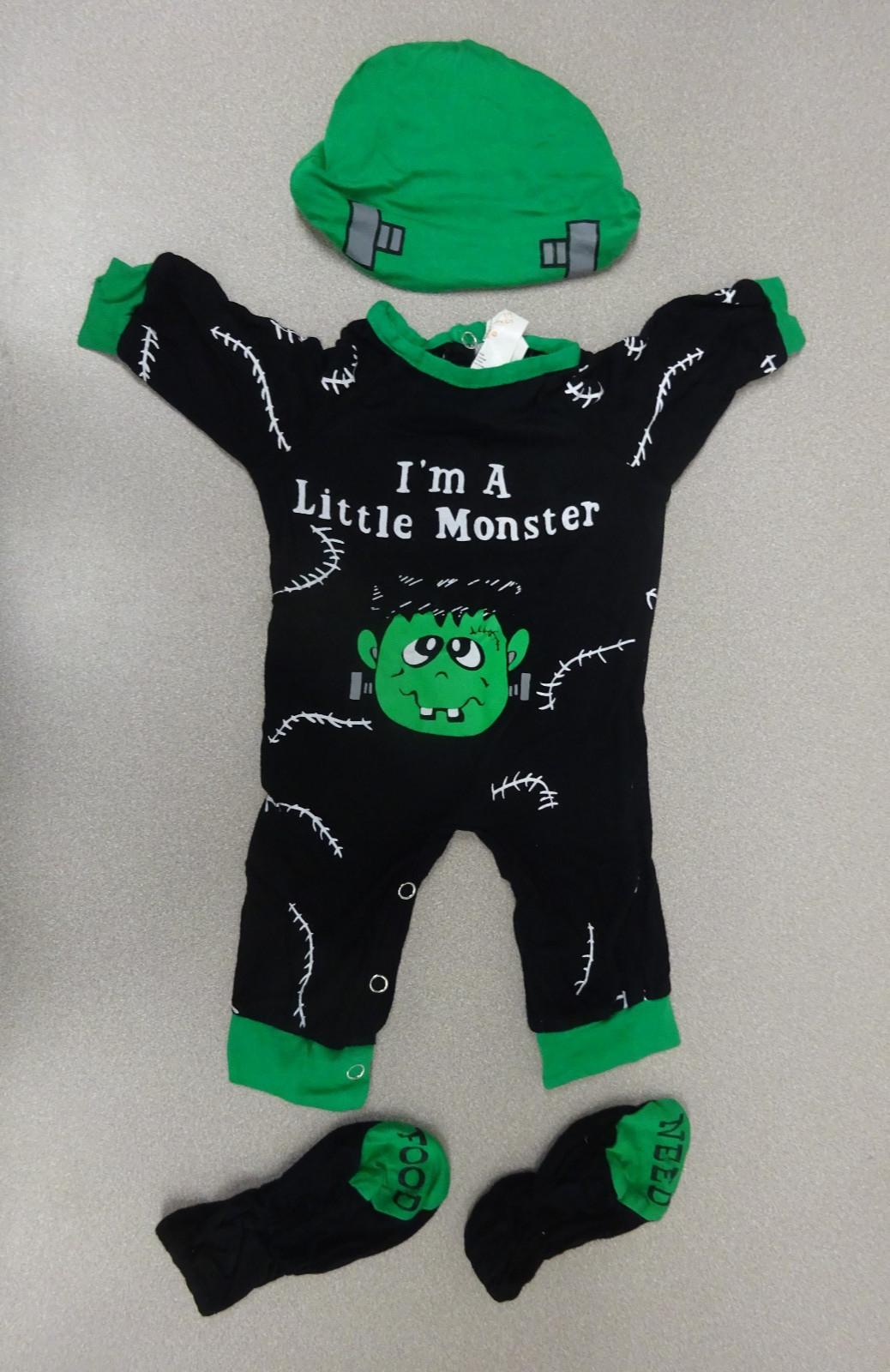 Little Monster One Piece Romper Infant 0-6 Month Halloween Costume, Hat & Socks