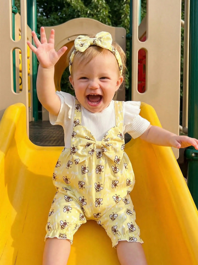 Newborn Baby Girl Outfit Long Sleeve Bee Print Jumpsuit+Bow knot Headband