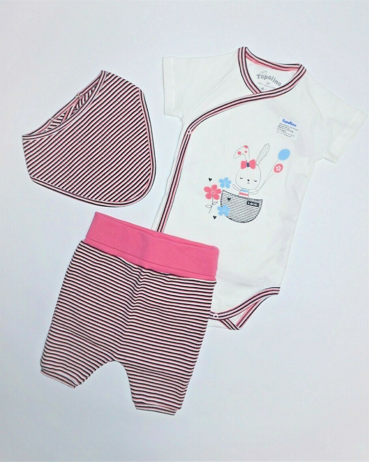 NWT, BABY GIRL 3 piece set; bodysuit, pants, bib. 1-4 Months. Topolino.