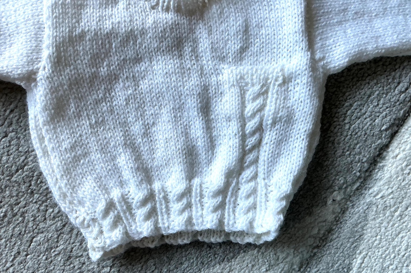 HAND KNITTED BY ME – FIRST JUMPER ~ WHITE ACRYLIC ~ LENGTH 9” ~ CHEST 18” ~NEW