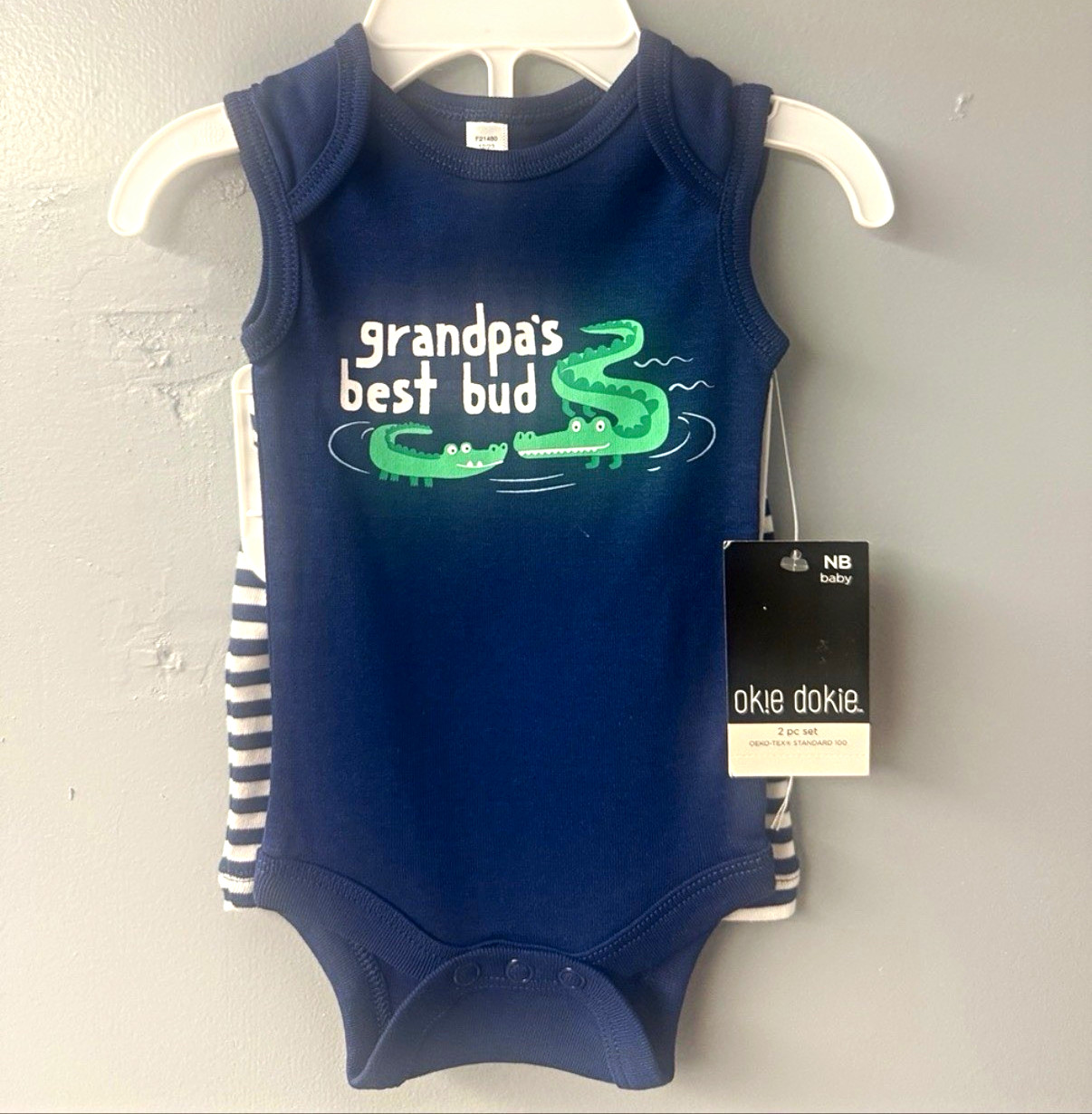 Okie Dokie Baby 2pc Alligator Graphic Bodysuit & Striped Shorts Set NB Navy