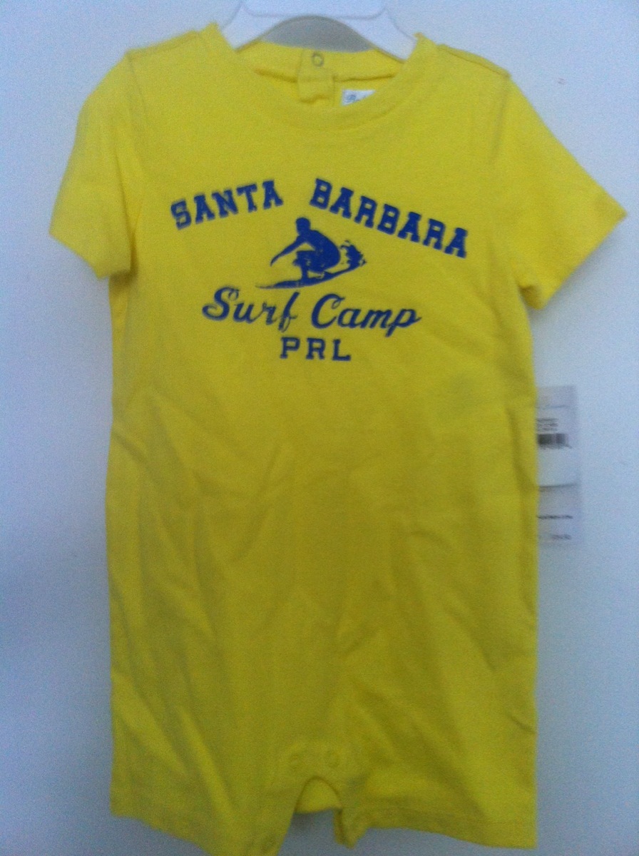 Ralph Lauren 1 Piece Shortall Romper Yellow “Santa Barbara Surf Camp” Sz 12M NWT
