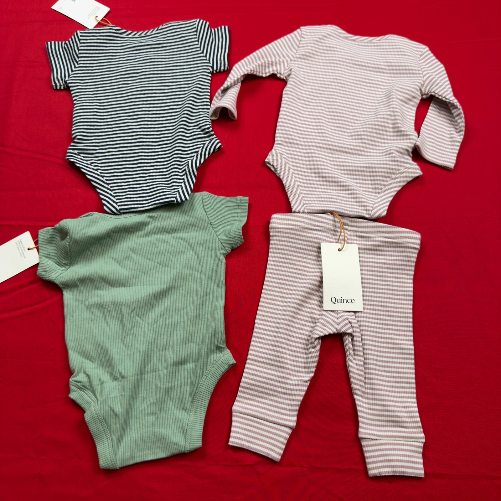 Quince Baby 4pc Set Bamboo Organic Cotton Ribbed Bodysuits & Pants 3-6M NWT