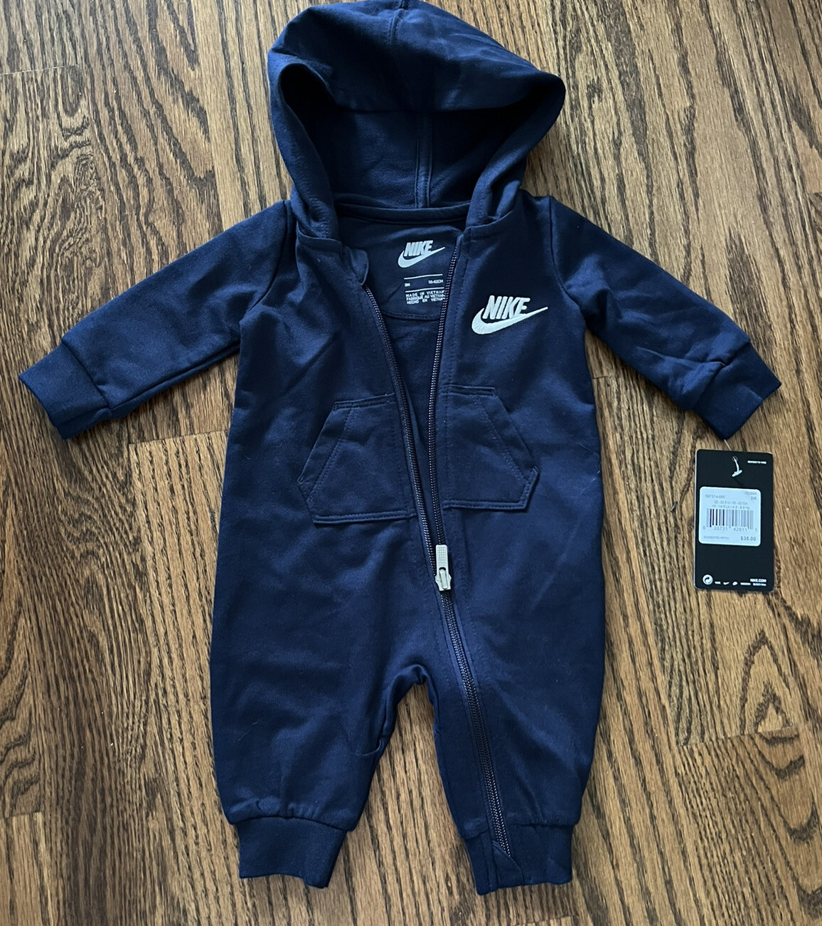 NEW AIR NIKE Baby BOYS & GIRLS GIFT NAVY BlUE Hooded Jumpsuit. 0-12 Months