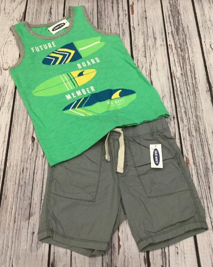 Old Navy Boys 12-18 Months Outfit. Bright Surf Board Shirt & Gray Shorts. Nwt