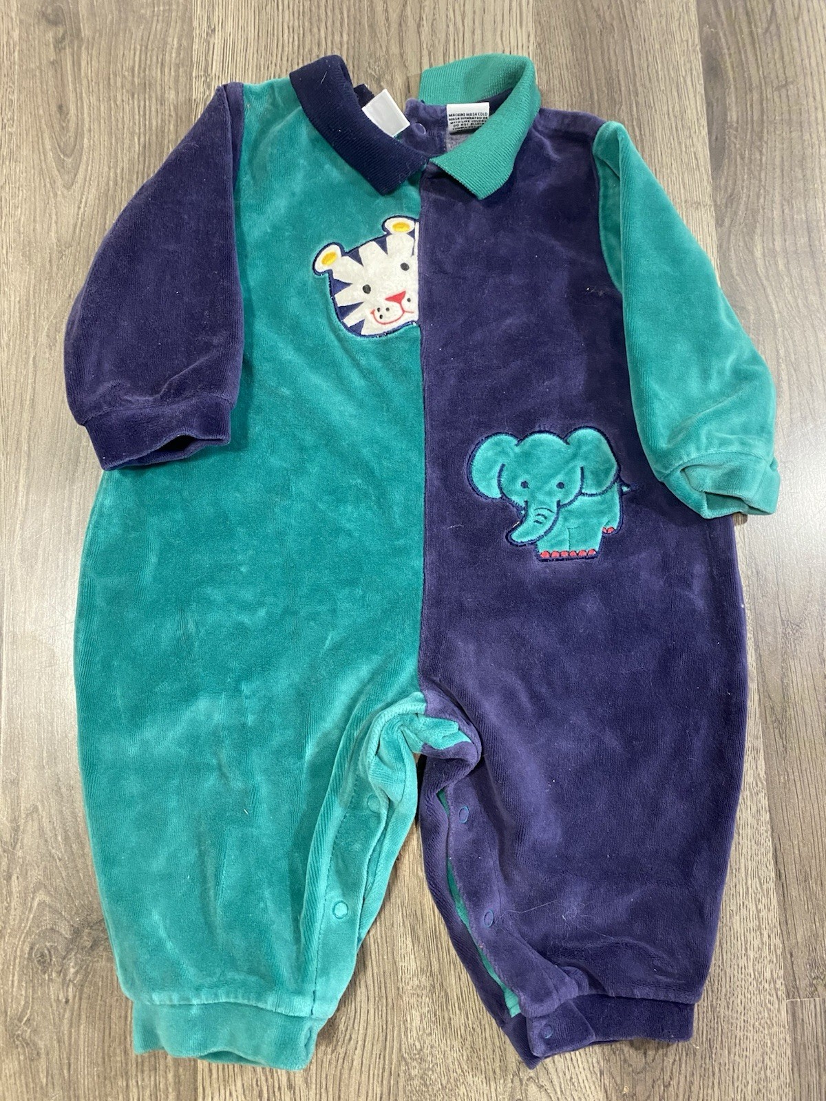 Vintage Warm Winter Velvet Color Block Baby Romper Outfit Size 6-9 Months