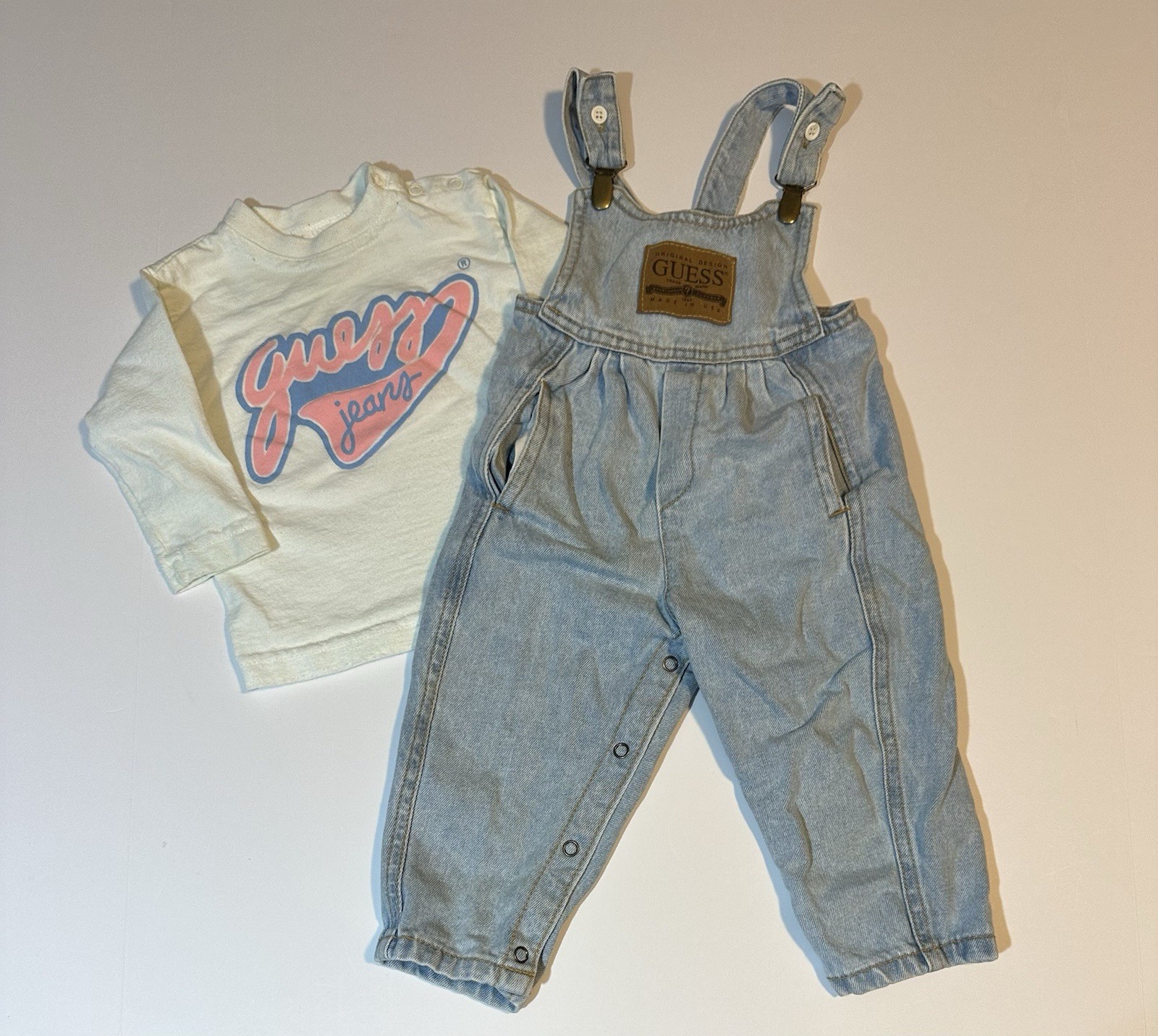 Vtg Guess USA Baby Denim Overalls & Shirt Light Wash Pink Logo Sz 18-24 Mos