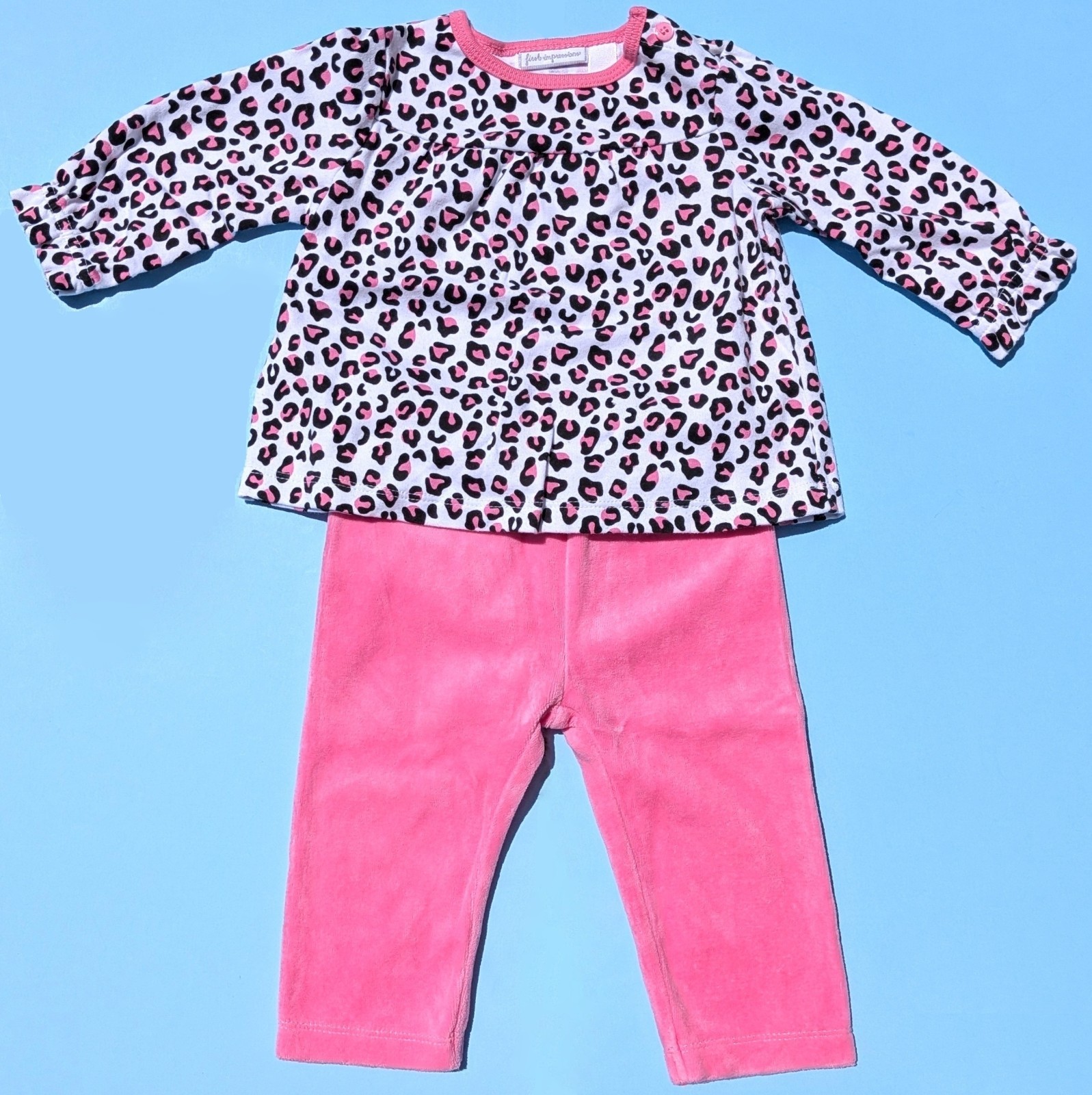 First Impressions Baby Girl 6-9M 6-9 Months Leopard Top Pink Velour Pants NWOT
