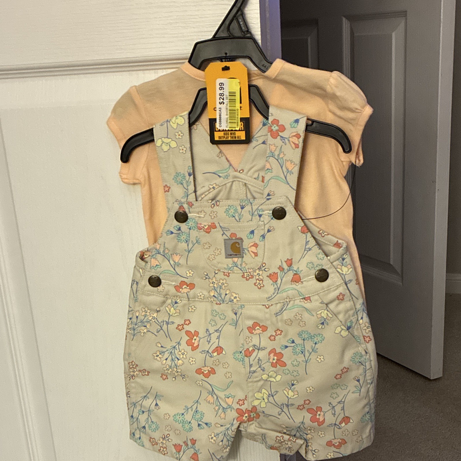 Carhartt Girls 9M 2pc Floral Shortall Set Bodysuit Shortalls Peach CG9966CA3