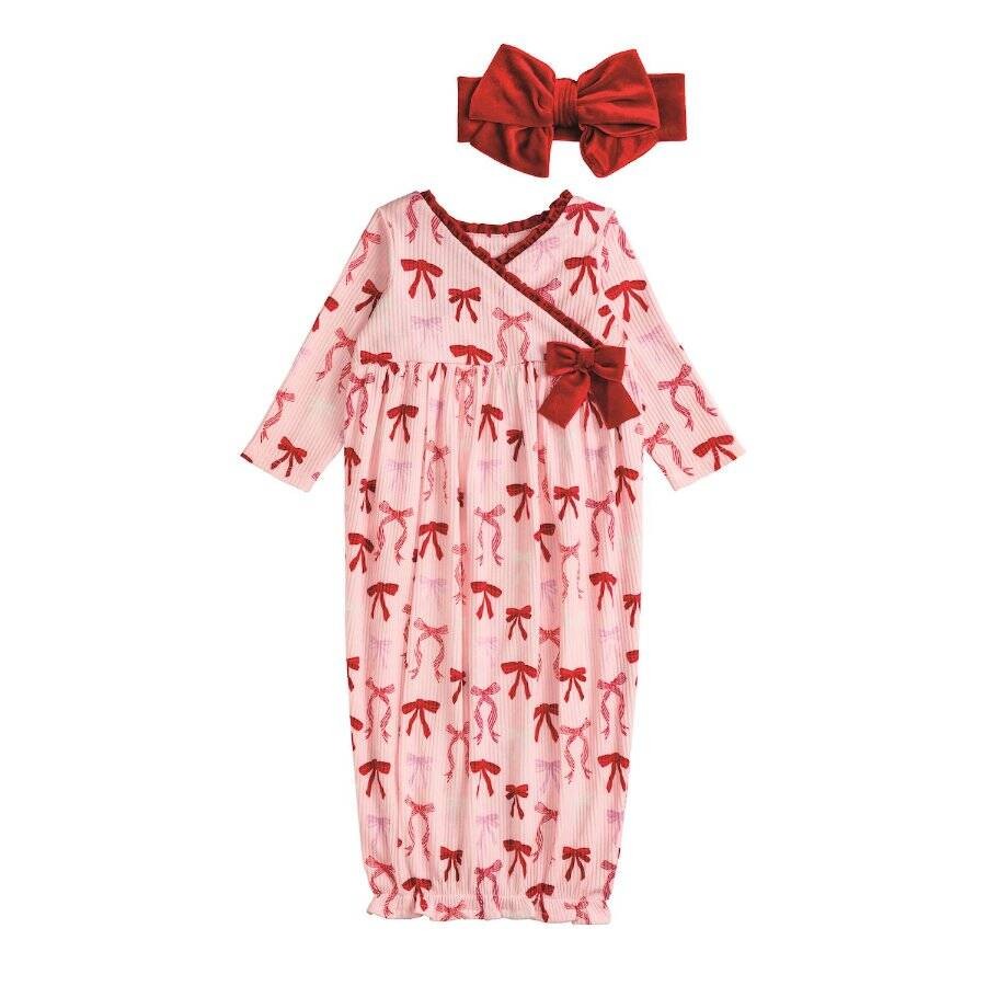 Mud Pie Christmas Bow Take Me Home Gown & Headband Set Newborn 0-3 Months