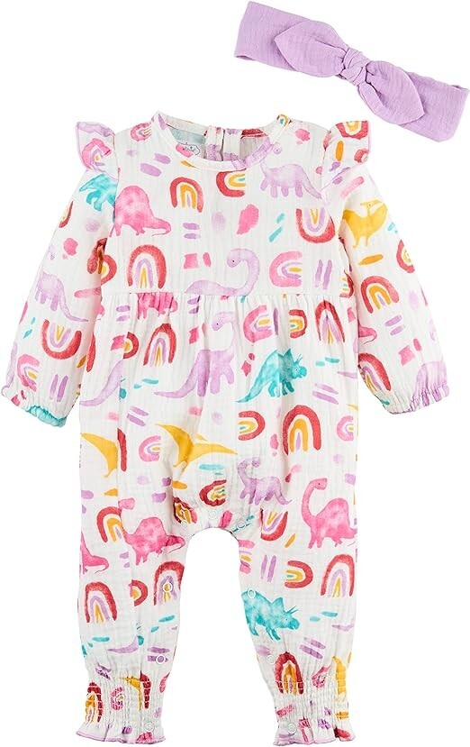 Mud Pie Baby Girl Dino Print One Piece Outfit W/Headband Size 6-9 M NEW