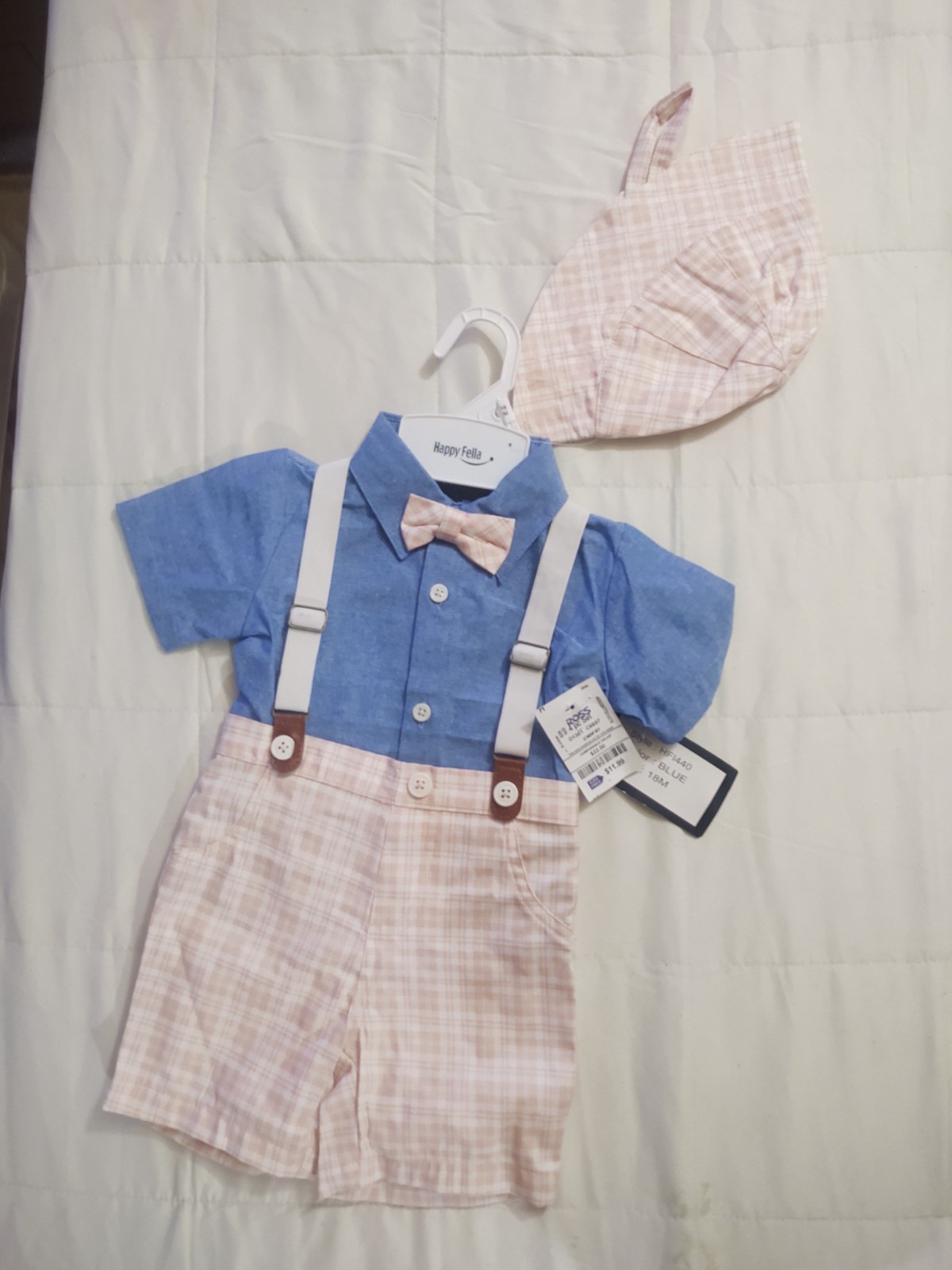 Happy Fella Baby Boy 18 Mos Suspenders Outfit Set Plaid Shirt Hat Shorts