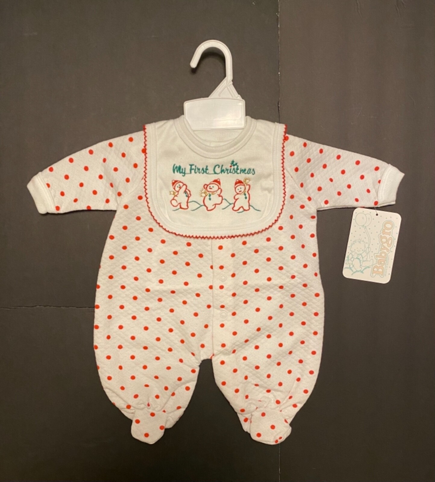 My First Christmas Red Polka Dot on White One Piece w/bib Snowmen Size Small NWT