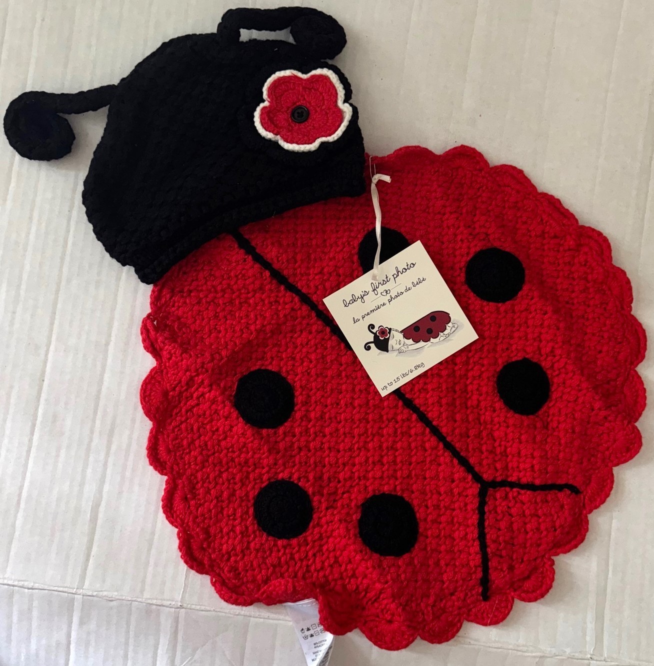 LITTLE NEWCOMERS knit 2 piece set red/black LADY BUG motif prop app 0-6 mo