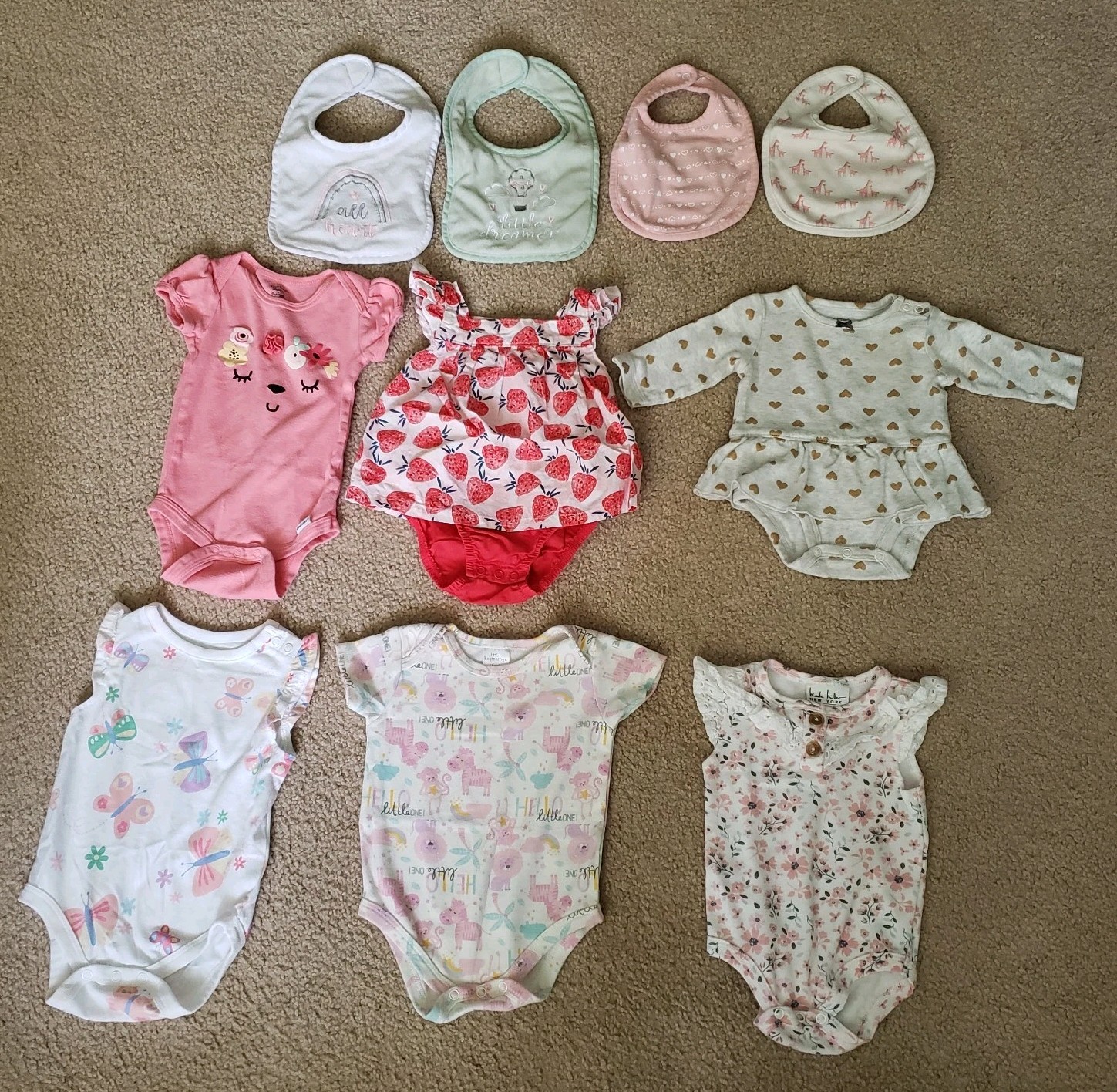 Baby Girl Clothes Lot 6 One Piece Body Suits Sizes range from 3 to 6 M + 4 Bibs