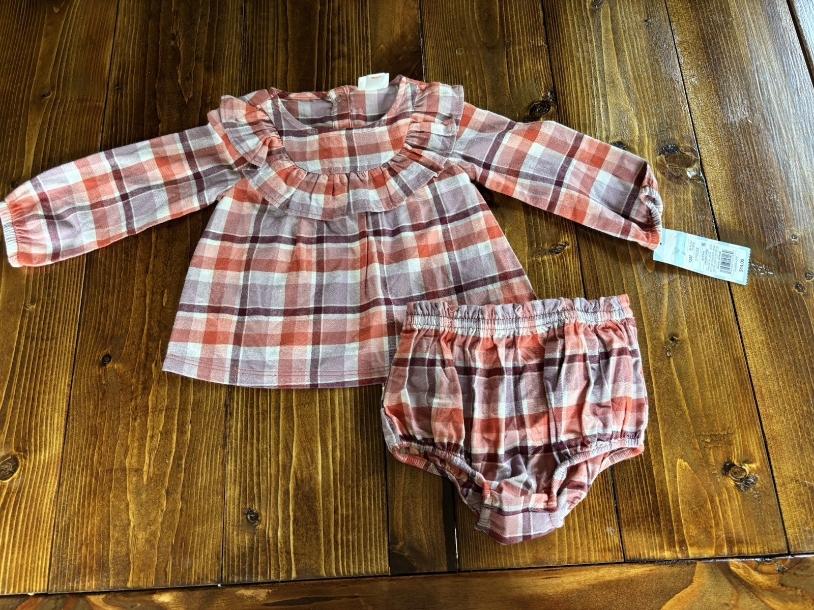 Cat & Jack Girls 12M 2pc Plaid Ruffle Long Sleeve Top & Bloomer Set