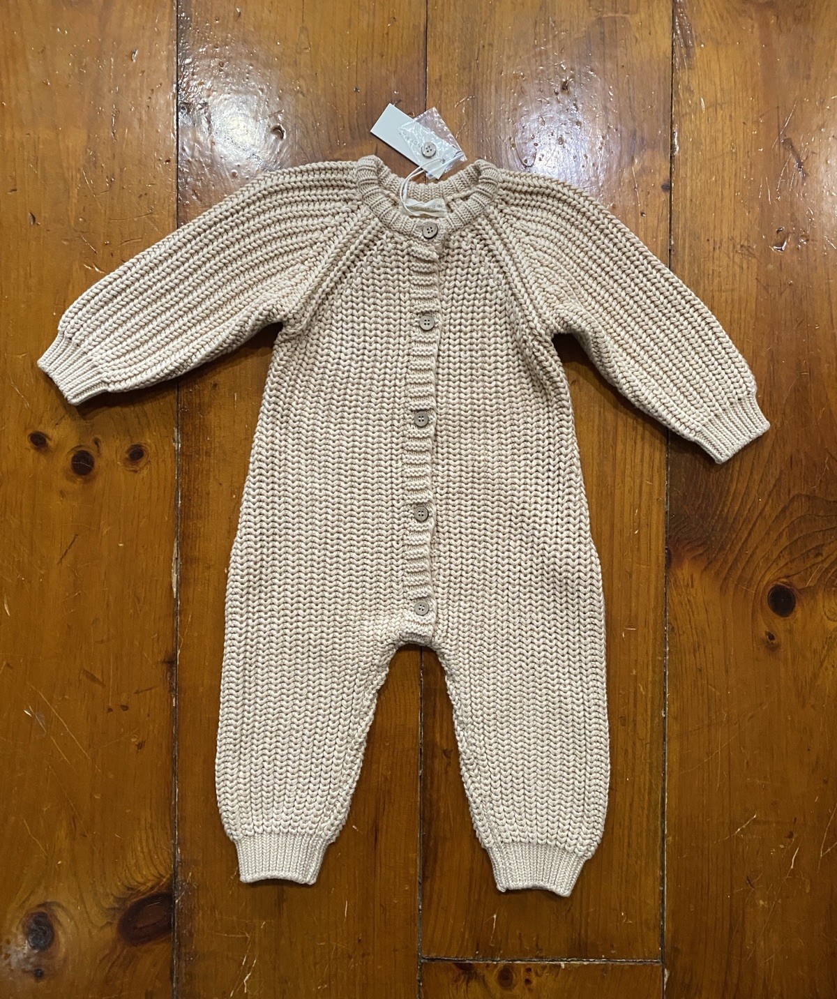 Quincy Mae 12-18 Months Chunky Knit Jumpsuit Beige Neutral Slouchy Cozy Ribbed