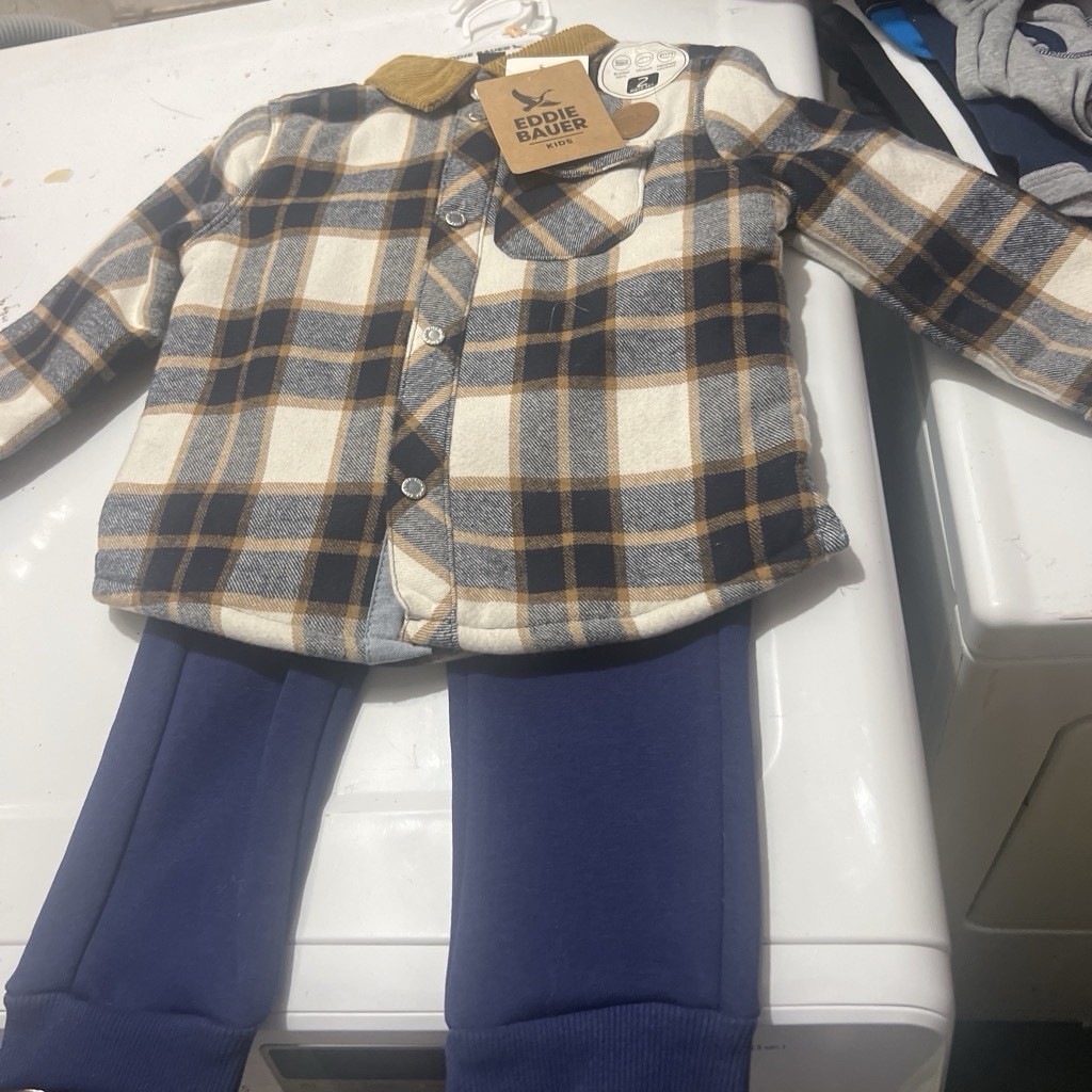 Eddie Bauer 2T 2-Piece Plaid Sherpa Lined Jacket & Pants Set Blue Beige Brown