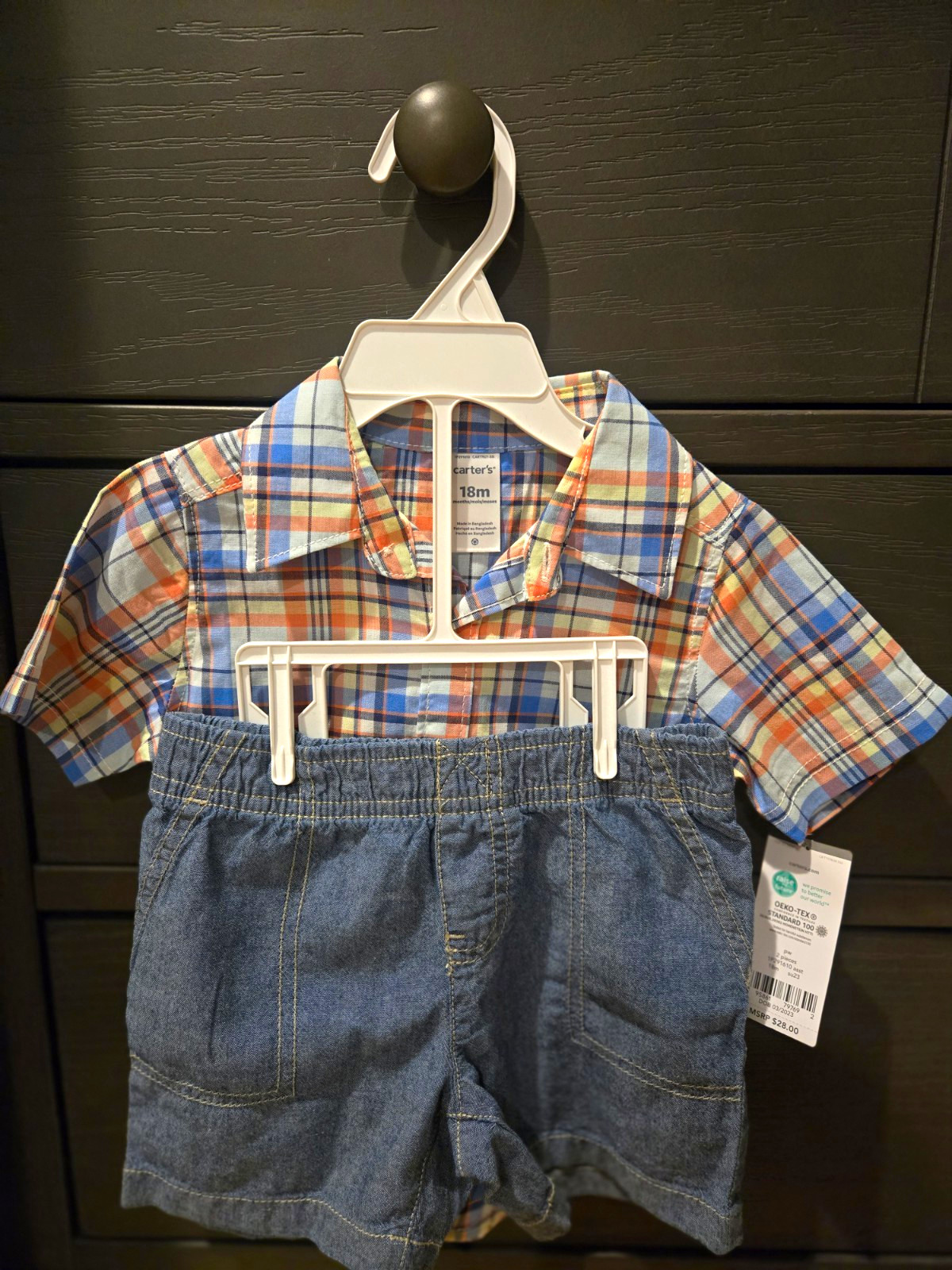 Carter’s Boys 18M Plaid Button Up Shirt, Denim Shorts & Leaf Button Up Shirt