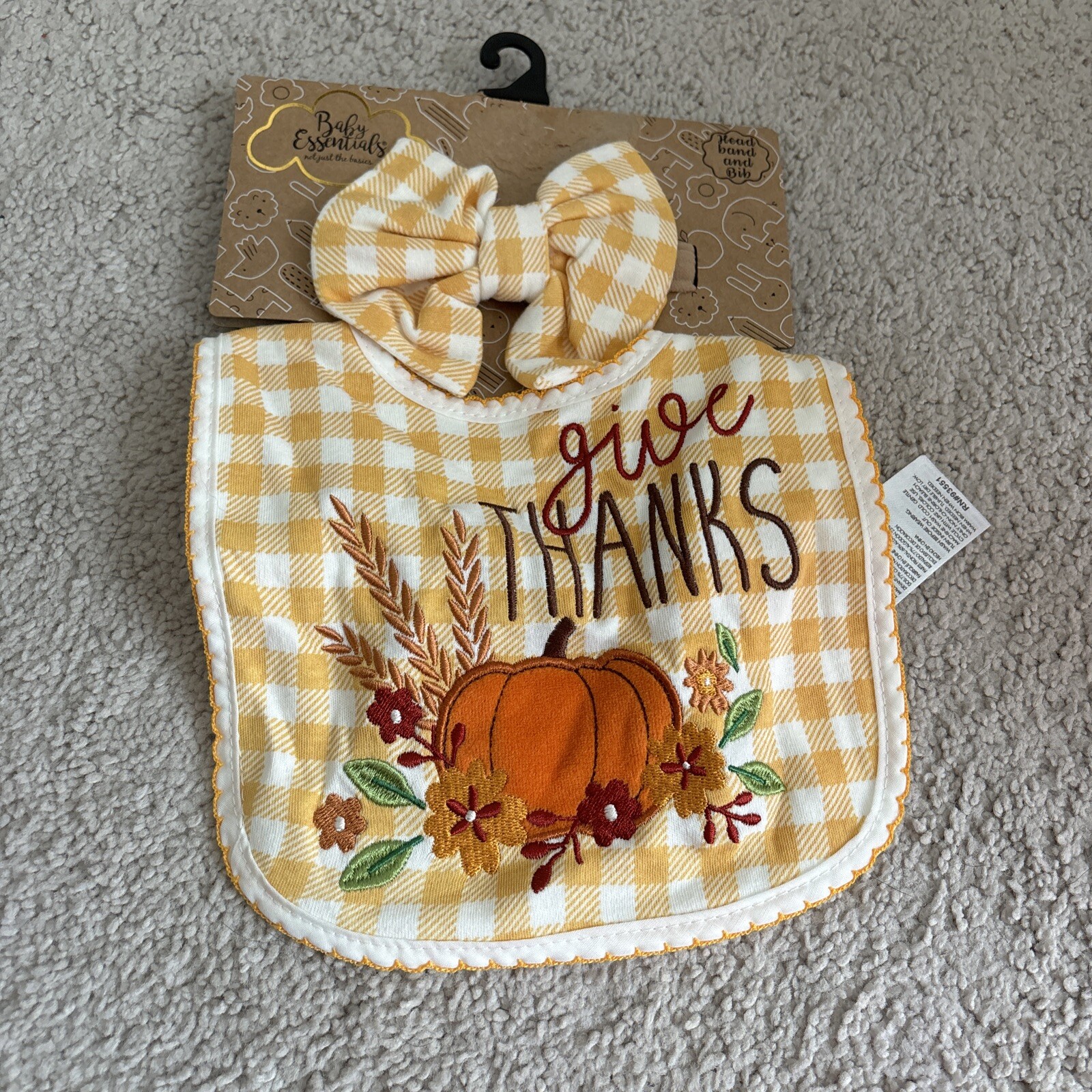 BABY ESSENTIALS Thanksgiving BABYS HEADBAND & BIB SIZE 0 – 6M 2 PIECE SET NEW