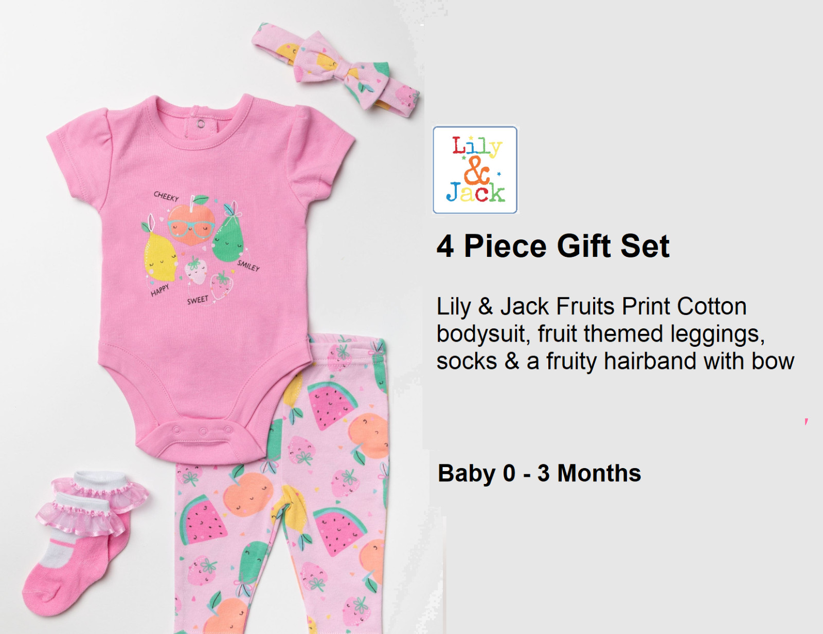 Lily & Jack 4 Piece Set Fruity Pink Body Suit Leggings Socks Hairband 0-3 Months