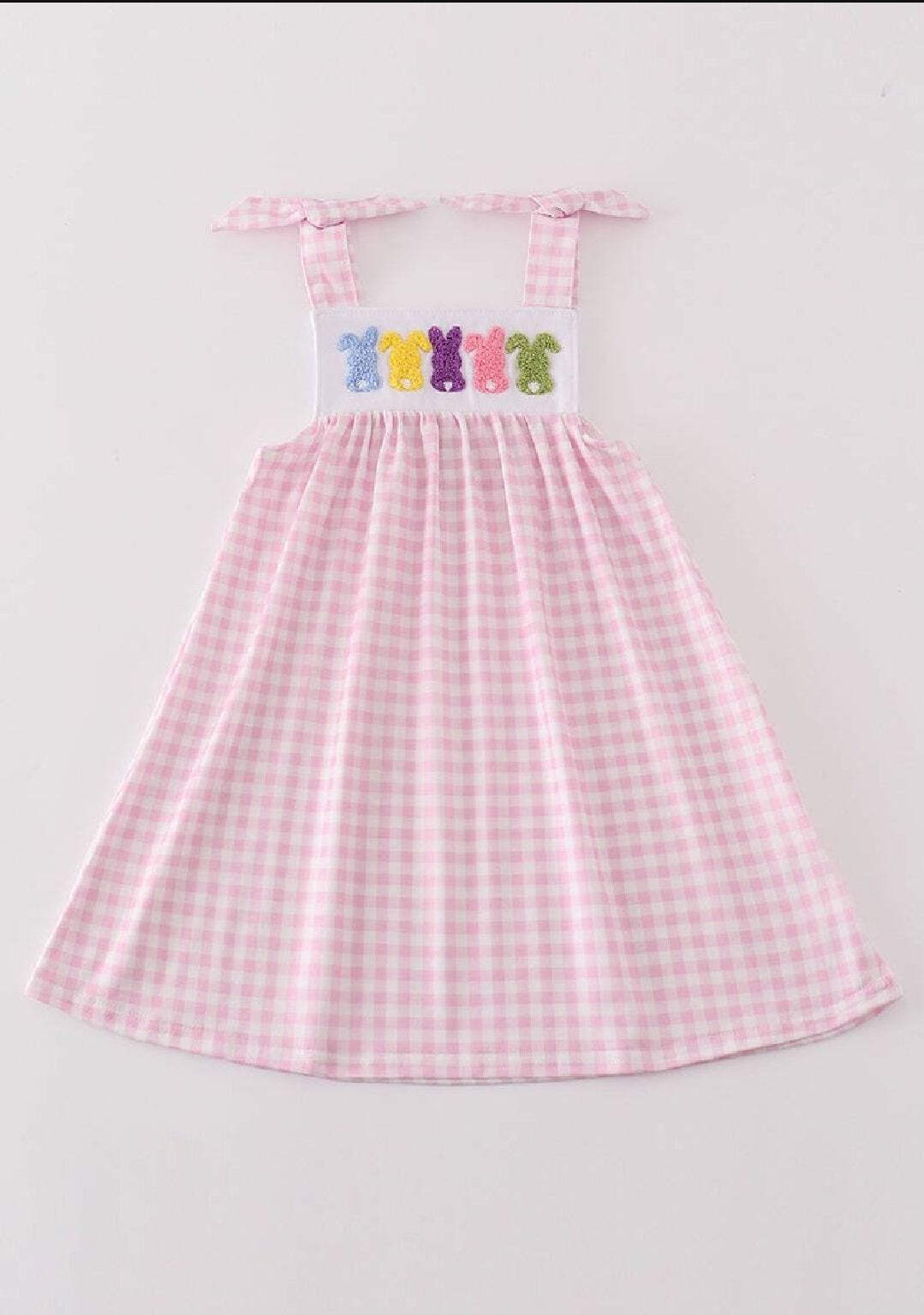 Girl’s Boutique Easter Pink Bunny French Knot Dress Sibling Matching Embroidered