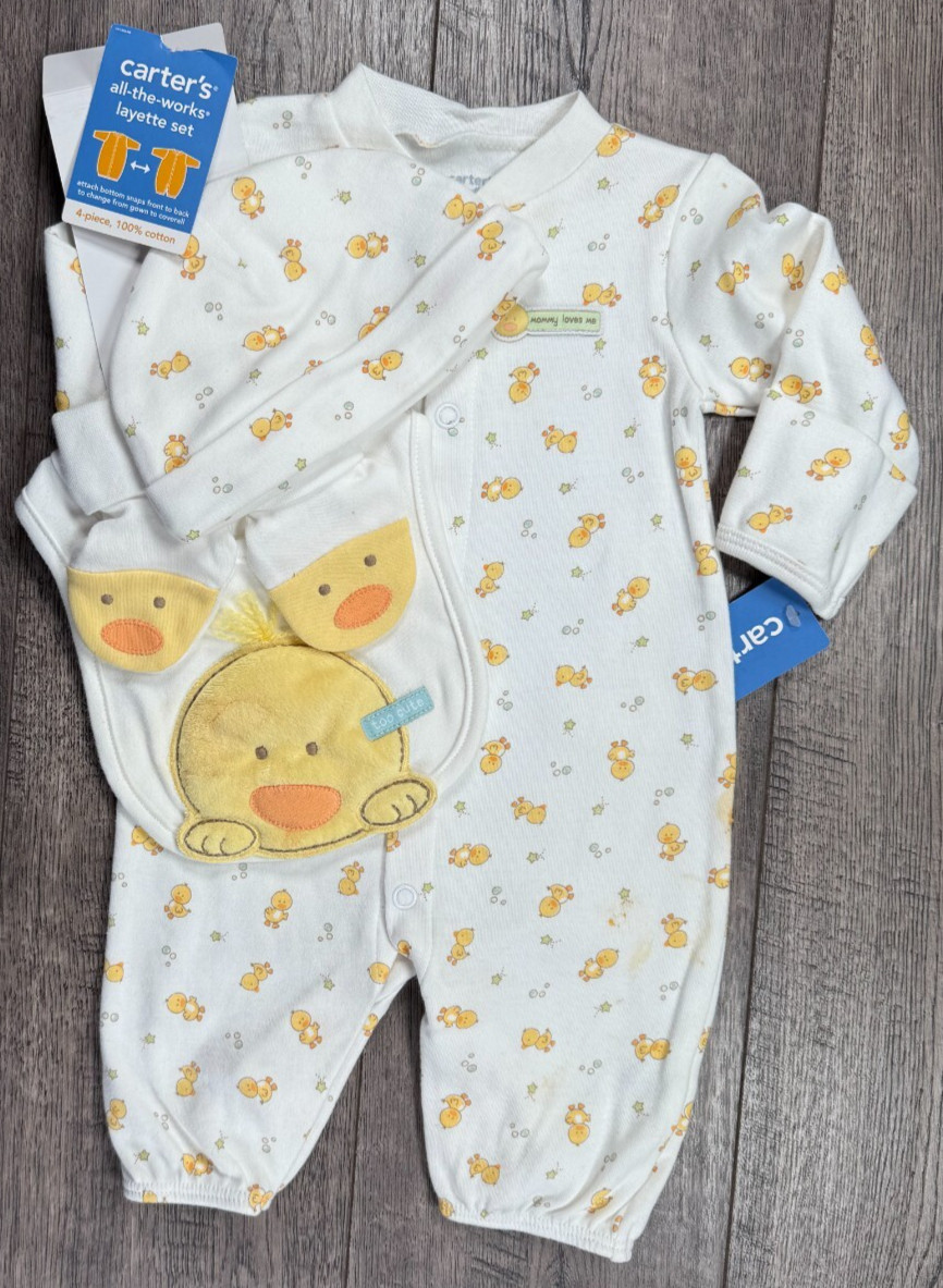 Baby Boy Clothes New Carter’s Newborn 4pc Duck Outfit Bib Hat Booties–Stained