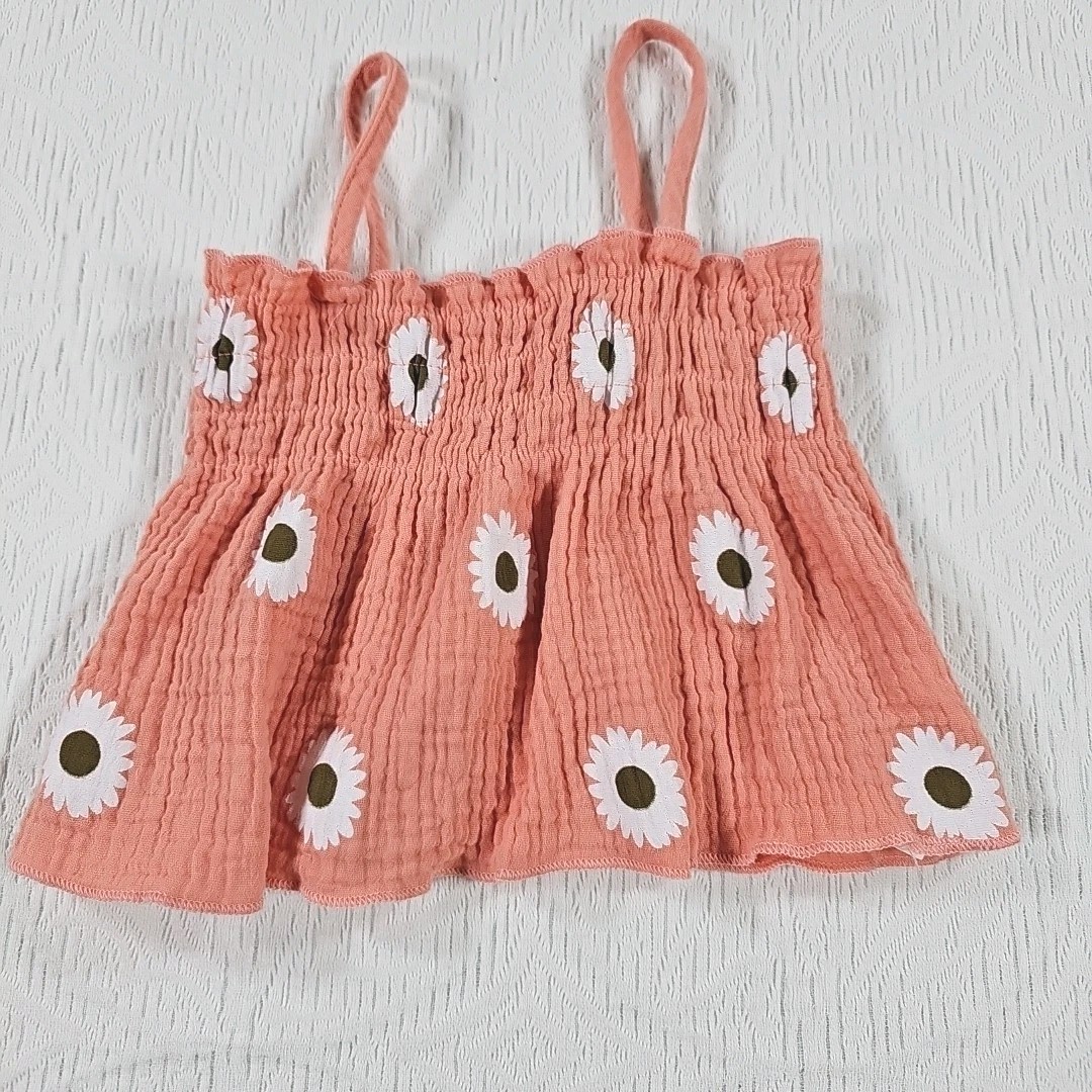 Two Piece Peach Floral Romper Set Ruffles Smocked Daisies Girls 95% Cotton 12M