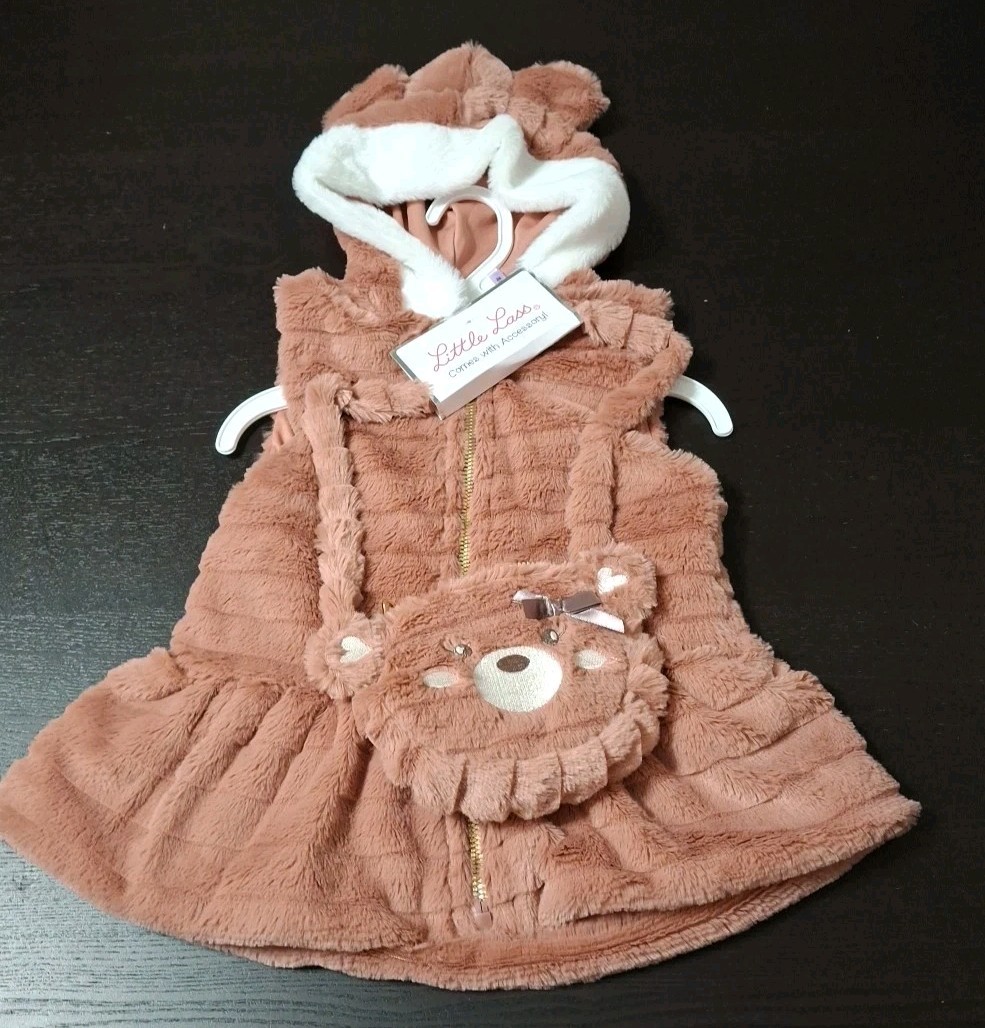 NWT Little Lass 3PC Faux Fur Bear Vest Set Top & Glitter Flare Pants Outfit 24m
