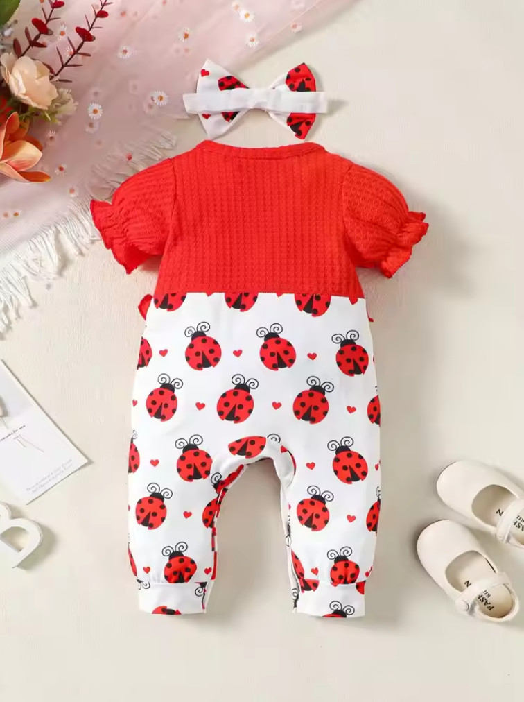 newborn baby Girl Summer round neck short sleeved Beetle peach heart printed