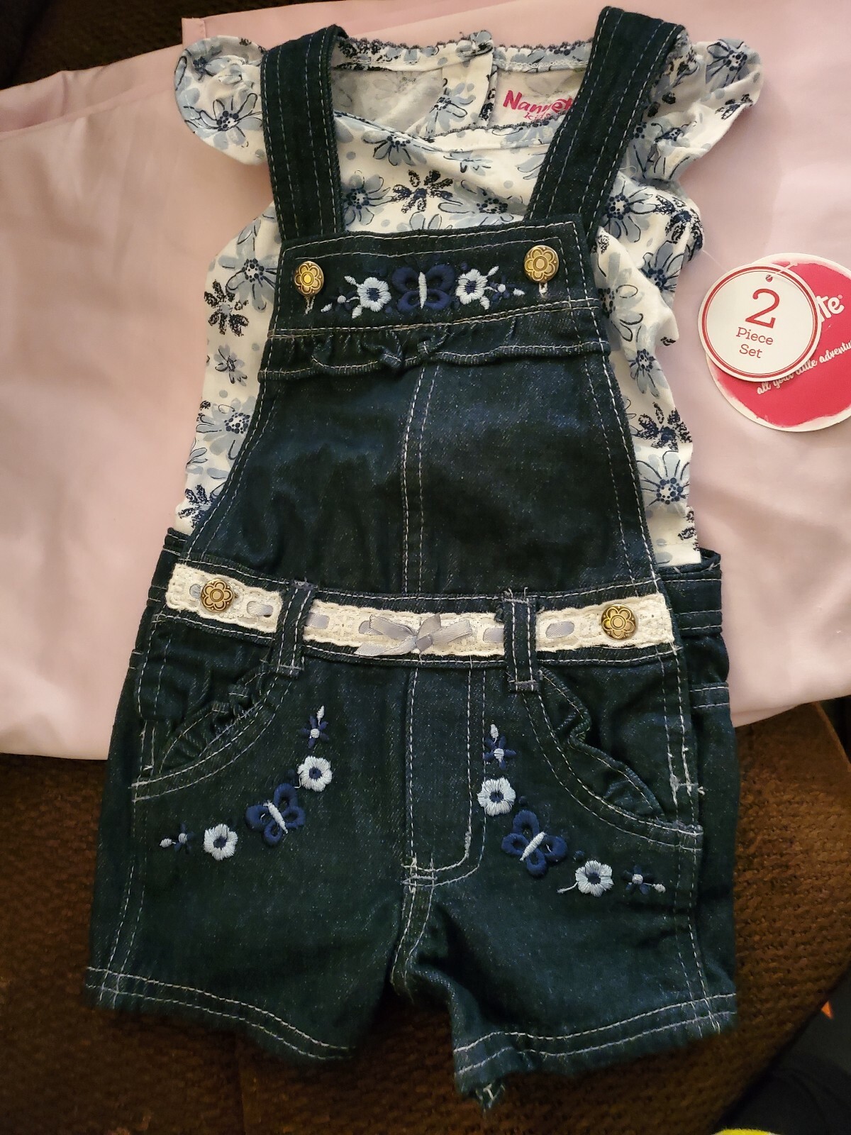 Nannette Kids Brand Overall Denim Short Size 12 Months Blue & White Flower Print