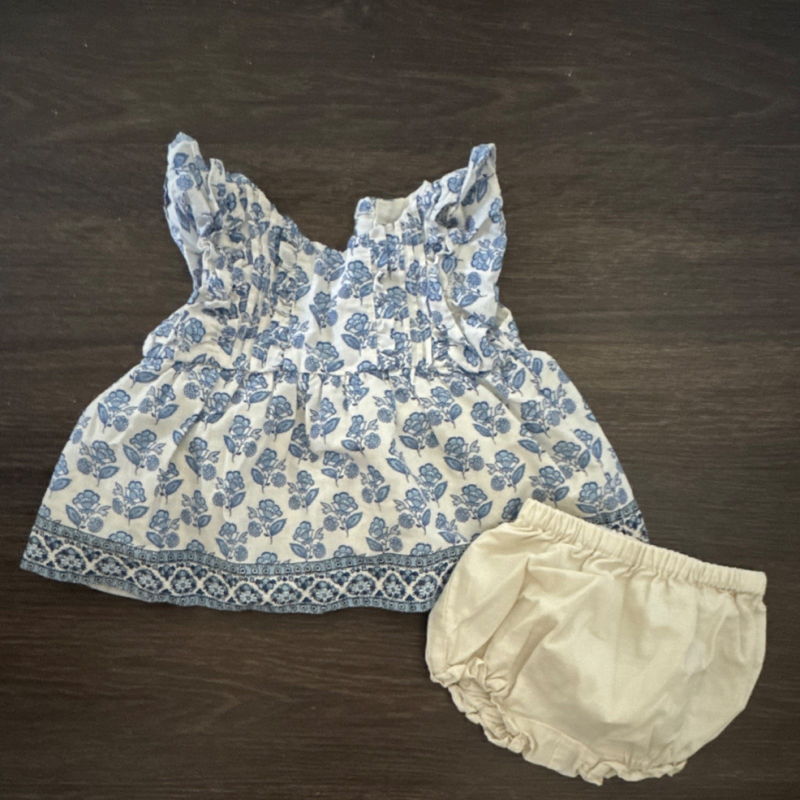 Janie and Jack Blue Floral 2 Piece Dress Set & Cream Bloomers 0-3M Ruffle