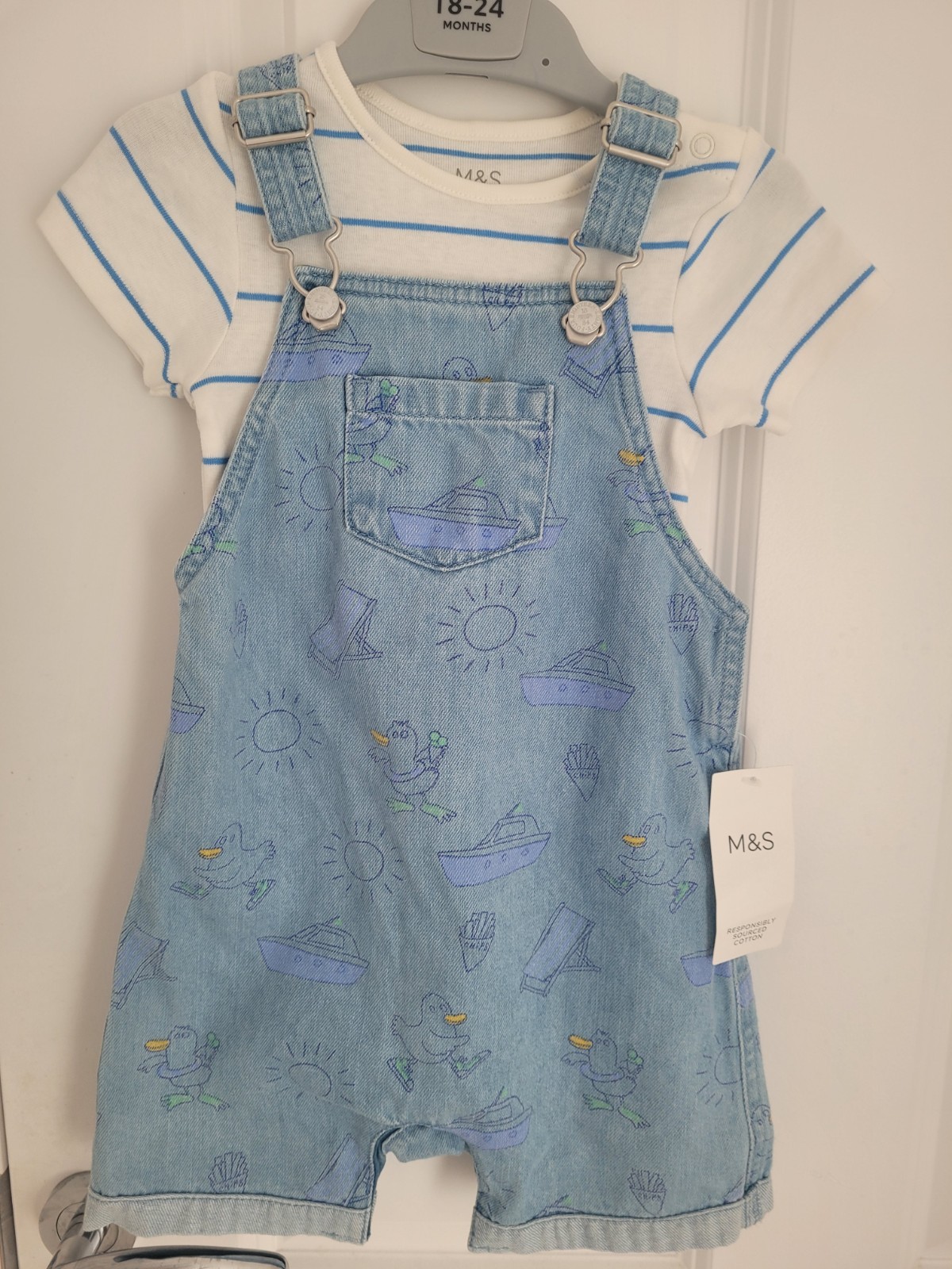 New M&S White Blue Striped T-shirt Denim Printed Dungarees Outfit Set 18-24M