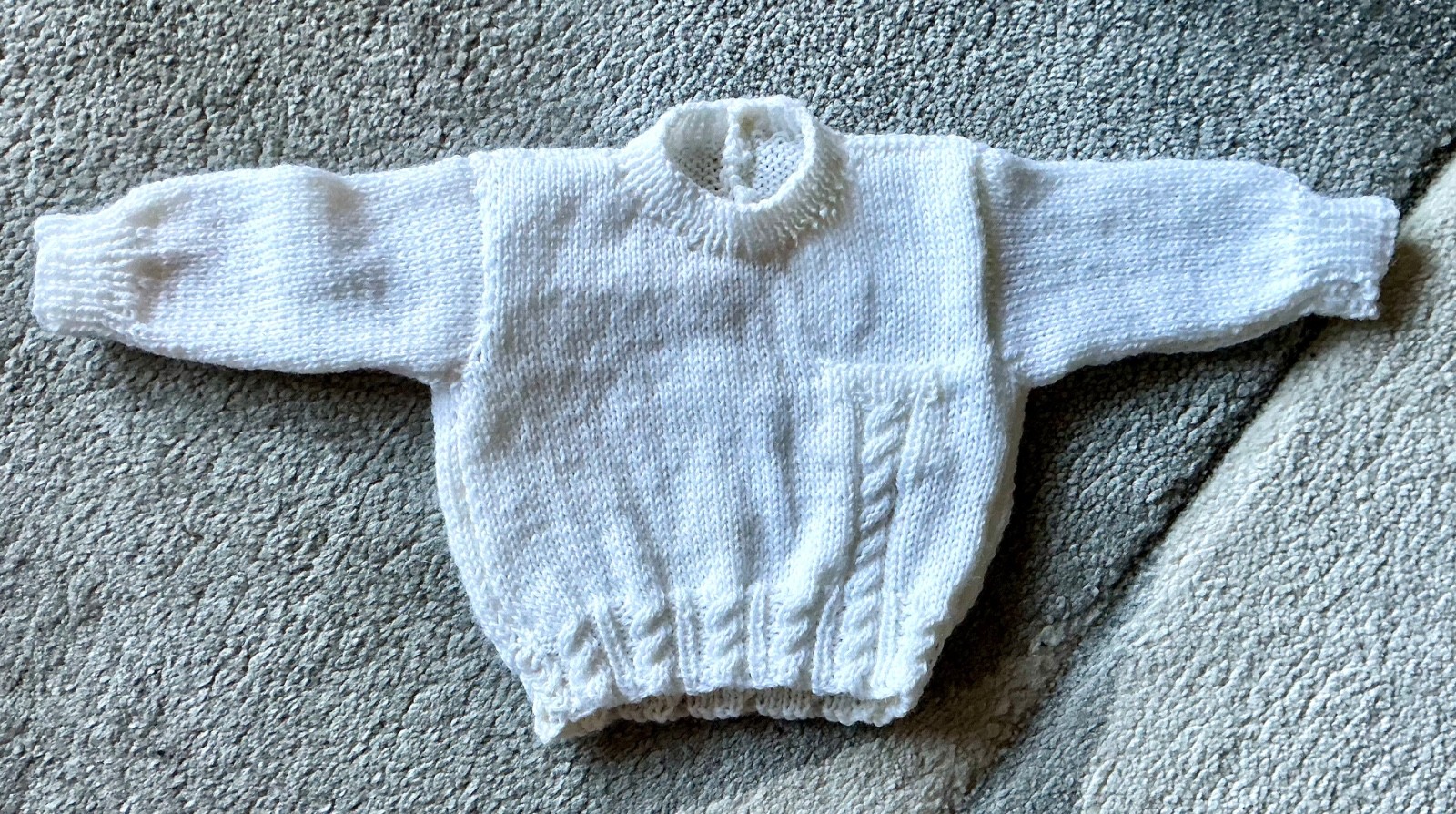 HAND KNITTED BY ME – FIRST JUMPER ~ WHITE ACRYLIC ~ LENGTH 9” ~ CHEST 18” ~NEW
