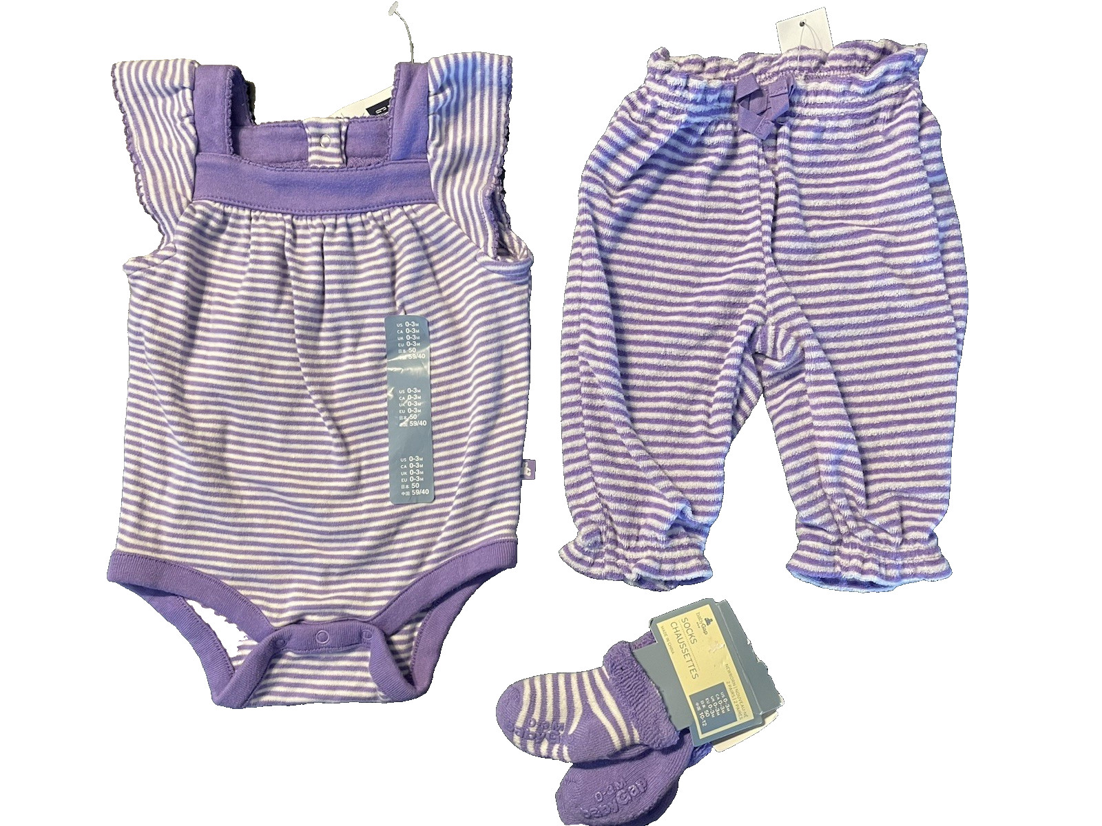 baby Gap NWT Girls 0 3 Mo 4 Pc Purple Striped Set Romper + Terry Pants + 2 Socks