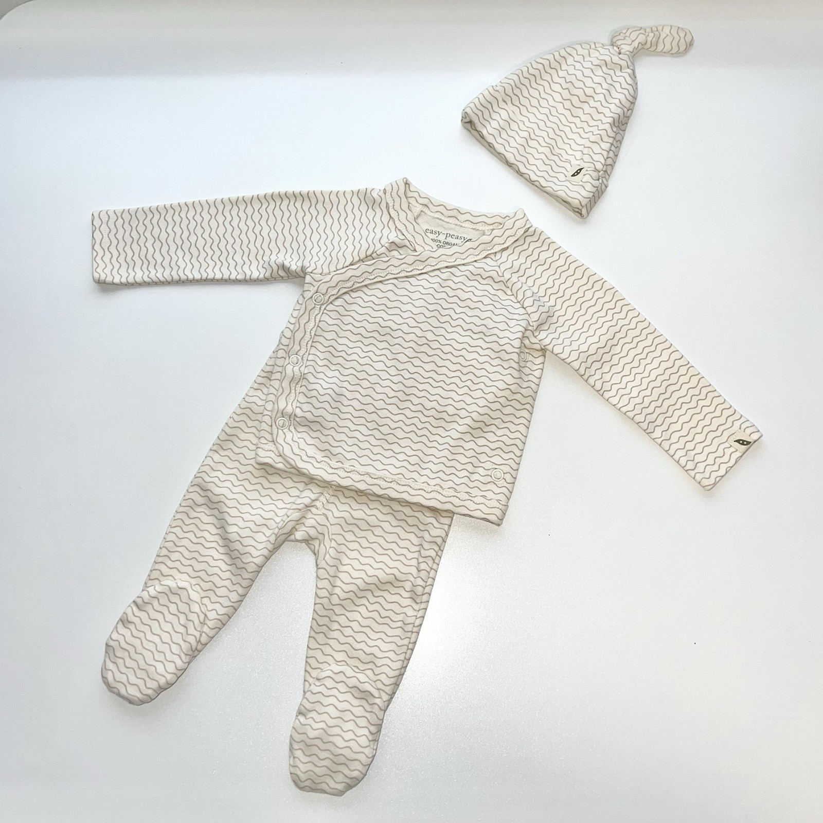 Easy-Peasy Organic Cotton 3-Piece Set Wavy Printed Cream Tan Size 3 Months NWOT