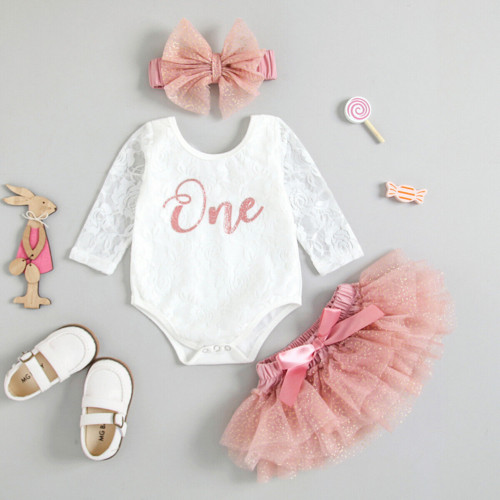 3Pcs Baby Girl Party Dress Long-sleeved Lettered Top+Lace Dress+Bow Headband
