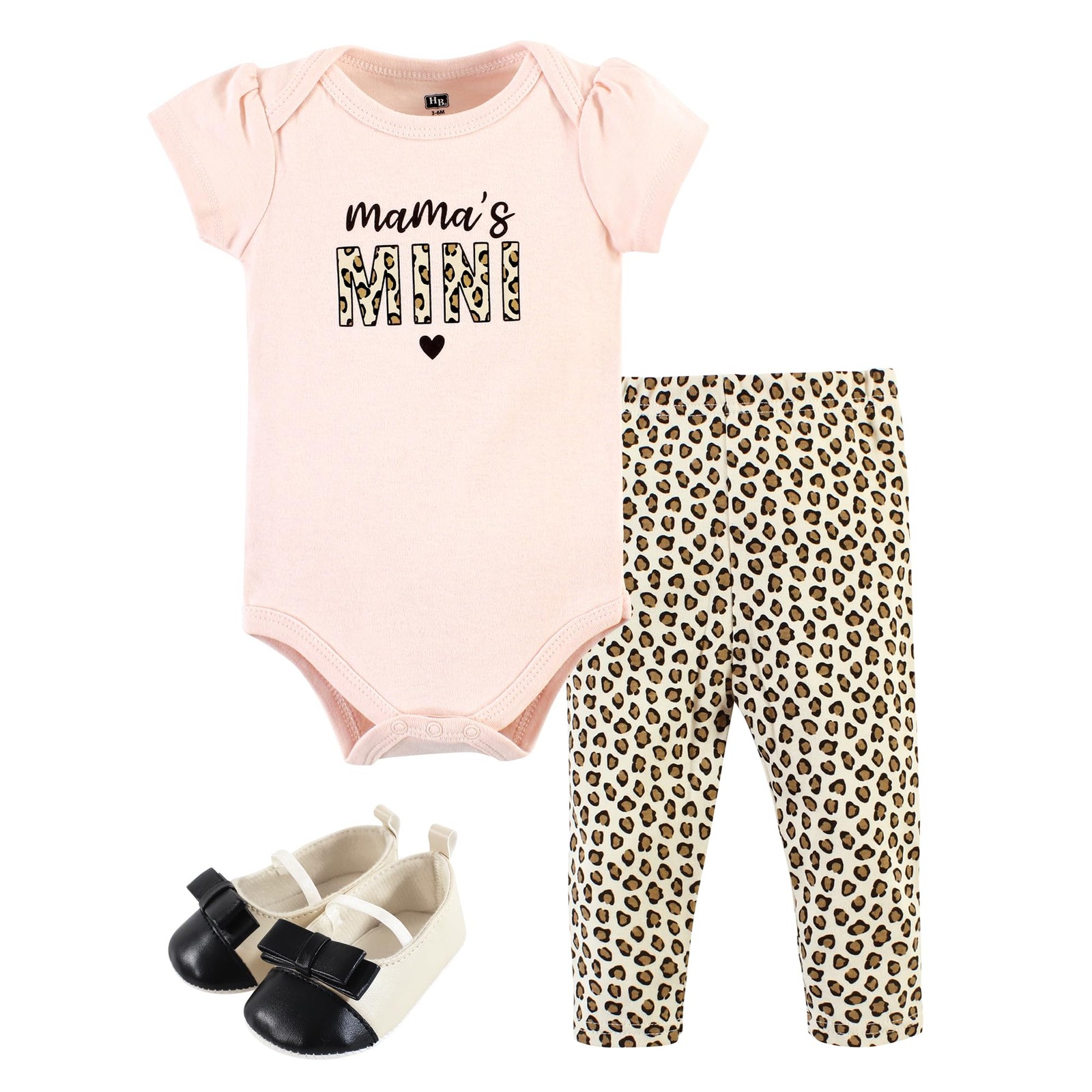 Unisex Baby Cotton Bodysuit, Pant and Shoe Set, Leopard Hearts, 12-18 Months