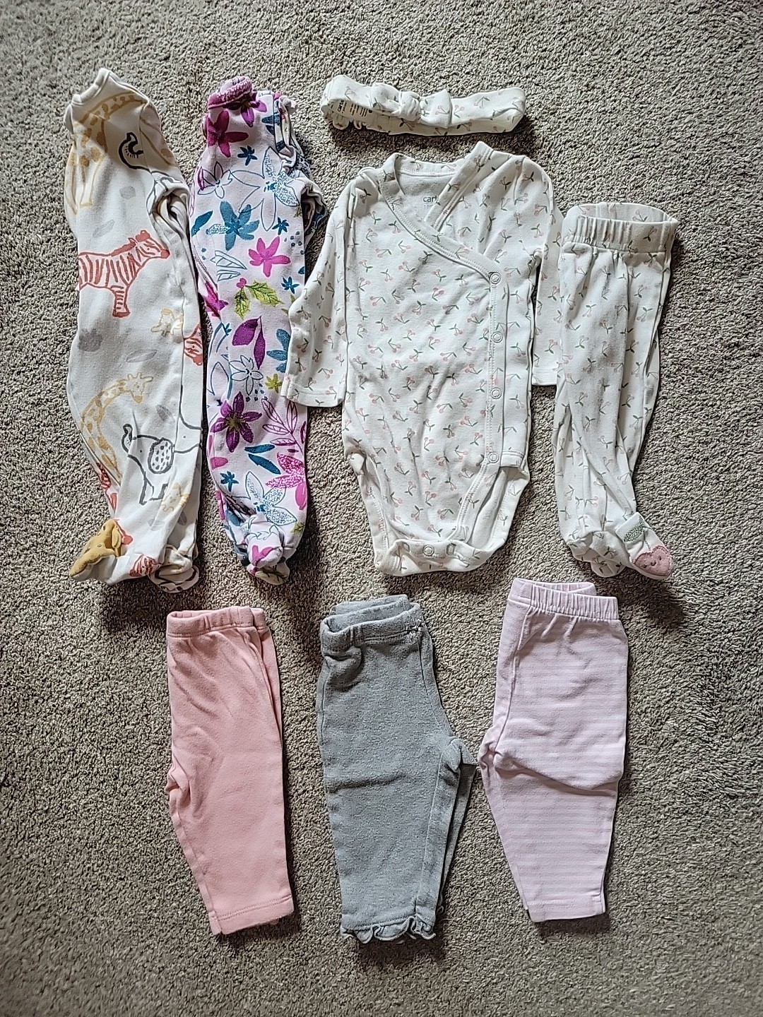 Girls 3 month clothing bundle onsies, pants and footed sleepers 8 piece lot