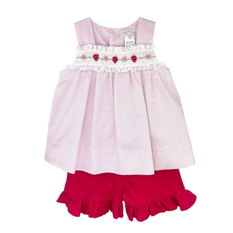Petit Ami Red Dot Suntop & Shorts Set with Strawberry Smocking 12 18 24 Months