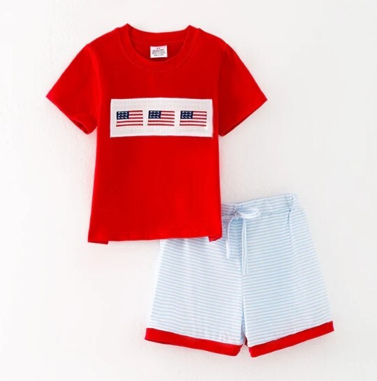 NEW Boutique 4th of July US Flag Smocked Boys Shorts Outfit Set